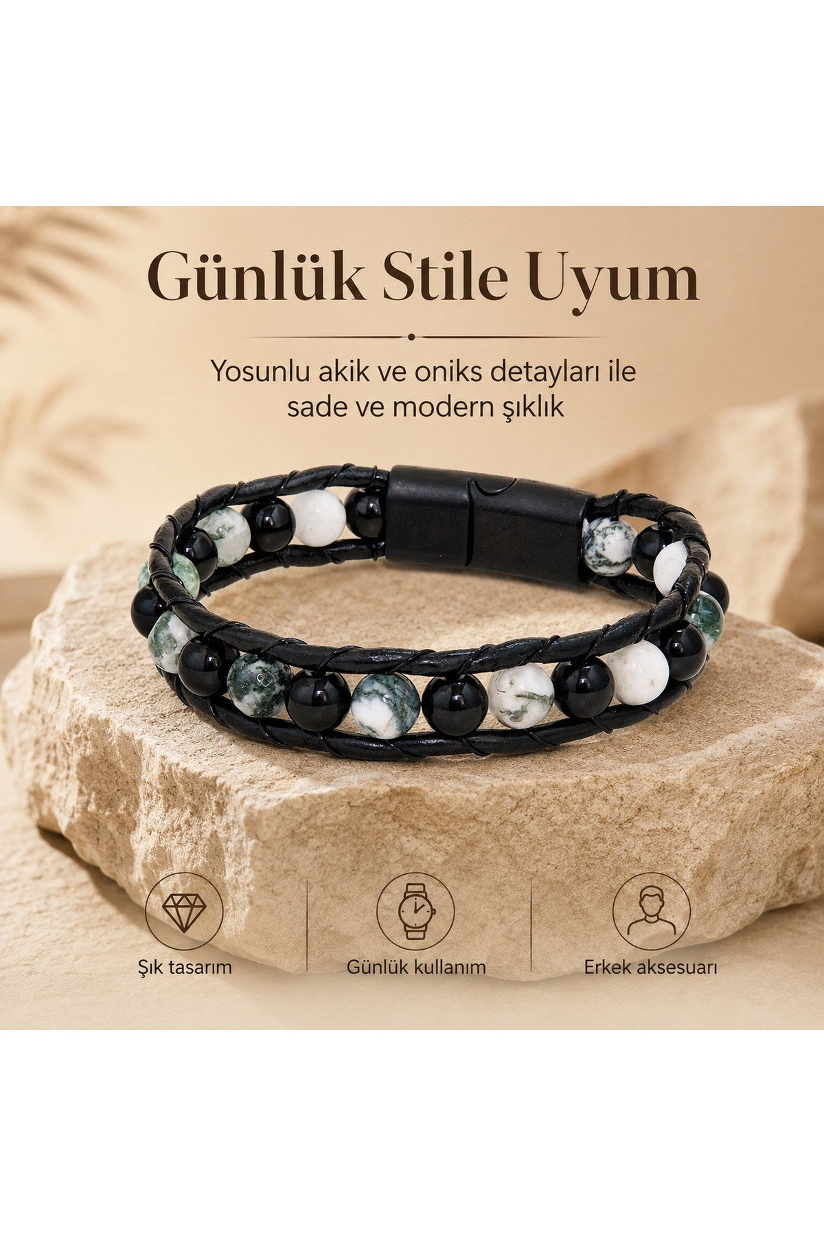 Premium Doğal Taş Tasarım Deri Bileklik Serisi – Gerçek Doğal Taş Yosunlu Akik