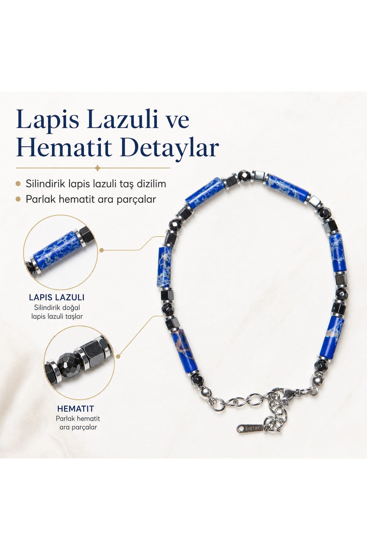 Premium Doğal Taş Tasarım Çelik Zincirli Bileklik Serisi – Zarafetin Doğal Enerjisi Lapis Lazuli