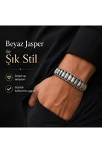 El Yapımı Orijinal Doğaltaş Çelik Erkek Bileklik - Beyaz Jasper Özel Tasarım Erkeğe Hediye (21.5 cm)
