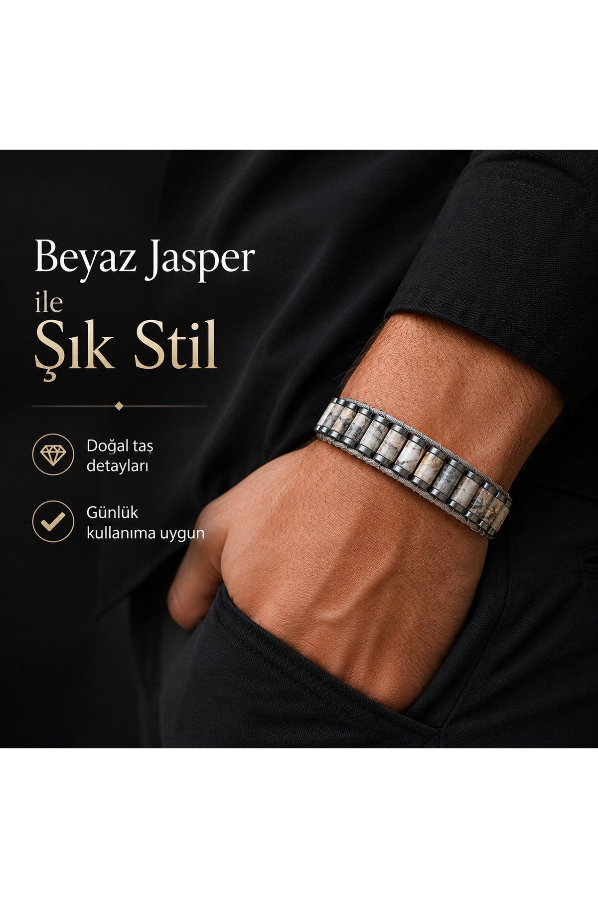 El Yapımı Orijinal Doğaltaş Çelik Erkek Bileklik - Beyaz Jasper Özel Tasarım Erkeğe Hediye (21.5 cm)