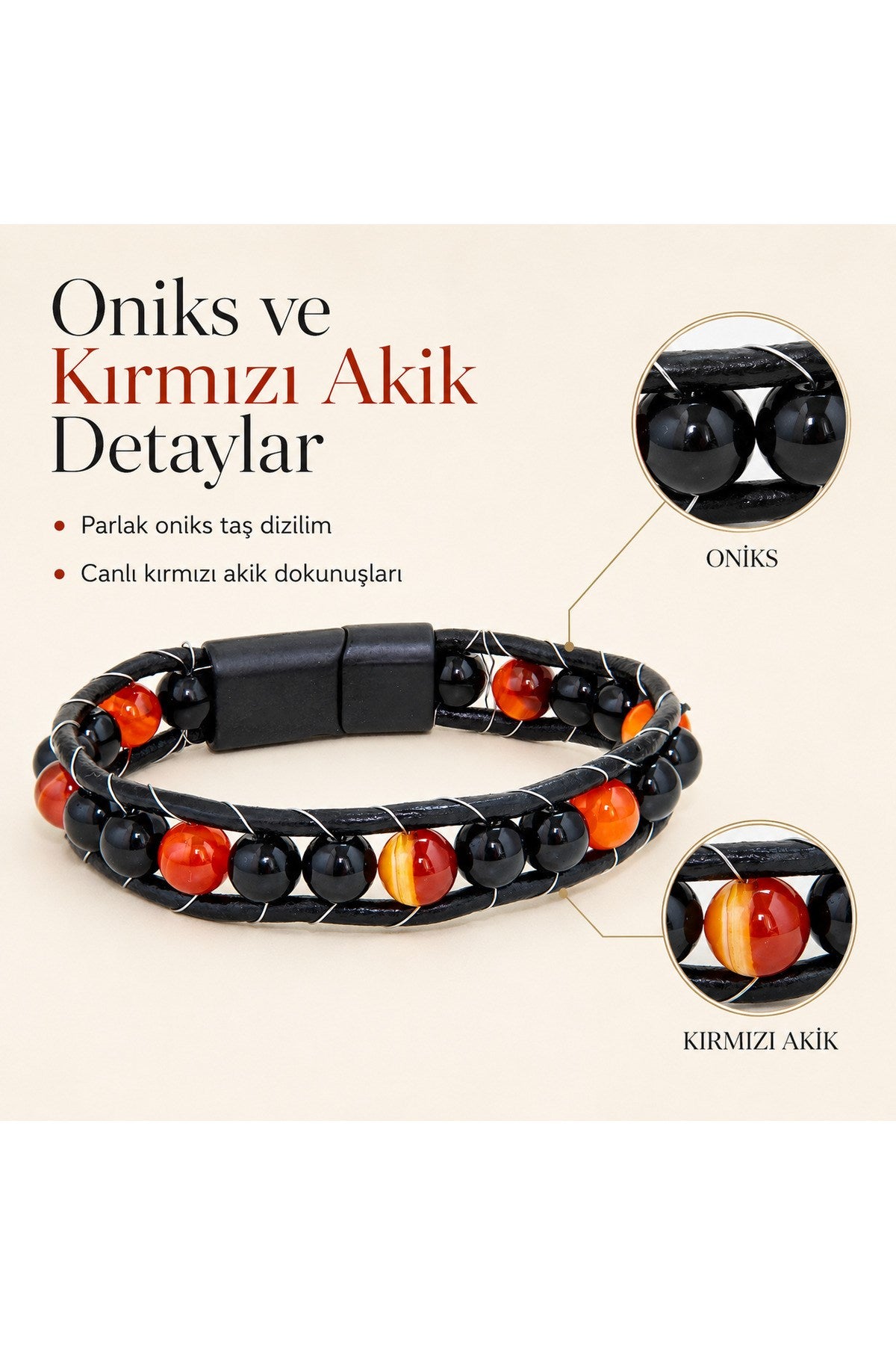 Premium Doğal Taş Tasarım Deri Bileklik Serisi – Gerçek Doğal Taş Kırmızı Akik ve Onix