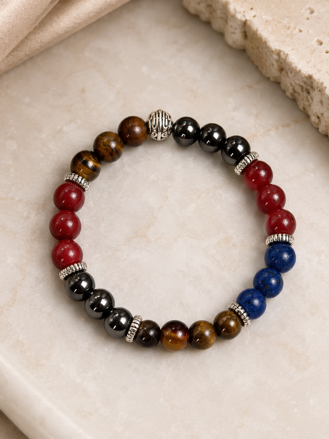 Orijinal Denge Doğal Taş Bileklik (Kaplan Gözü, Lapis Lazuli, Akik, Hematit) - 8 mm / 19 cm Esnek Misinalı