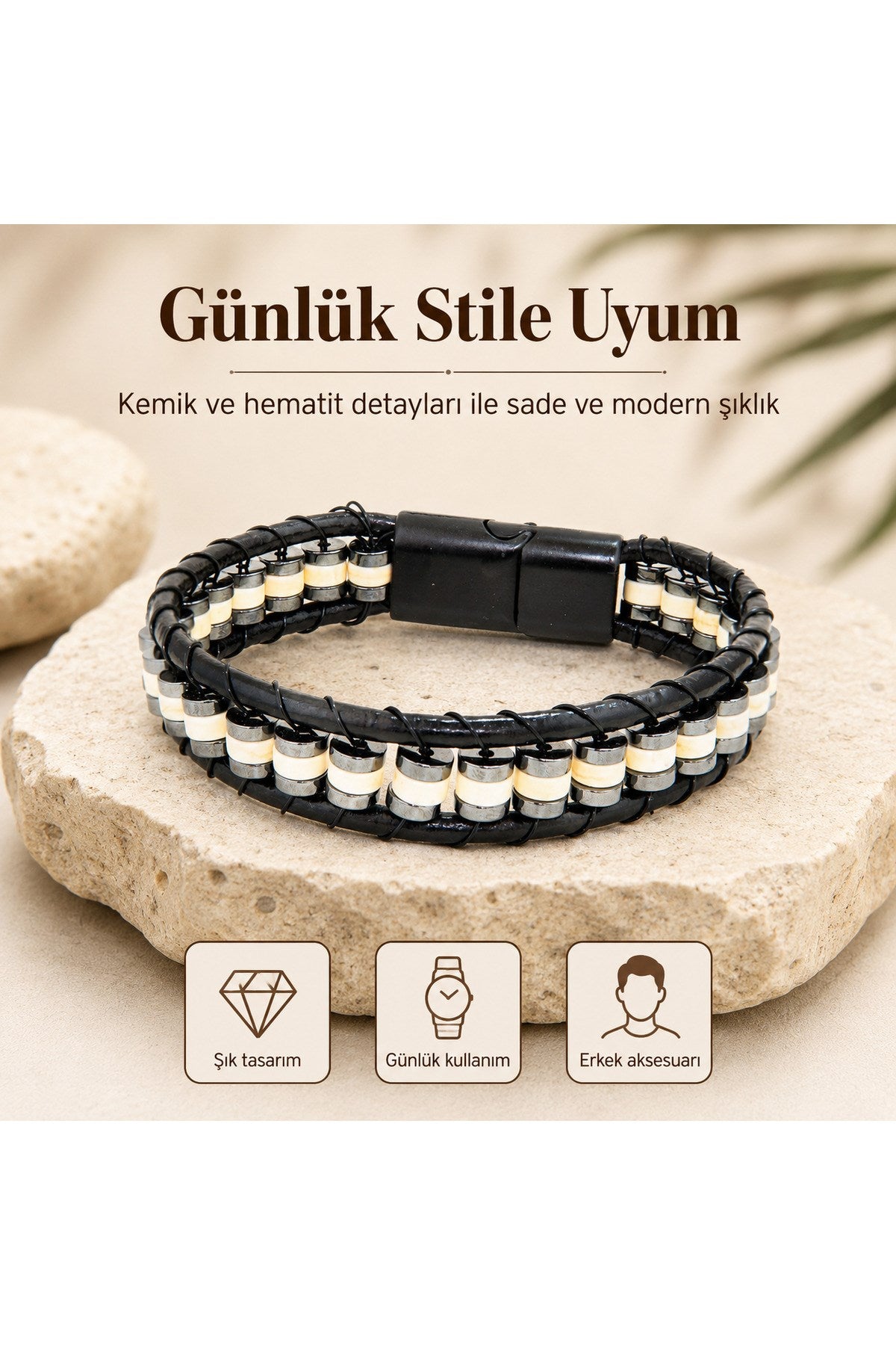 Premium Doğal Taş Tasarım Deri Bileklik Serisi – Gerçek Doğal Taş kemik ve hematit