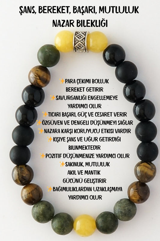 Bileklik Doğaltaş Şans Başarı Bereket Nazar 8 mm - Kadın Erkek Hediye