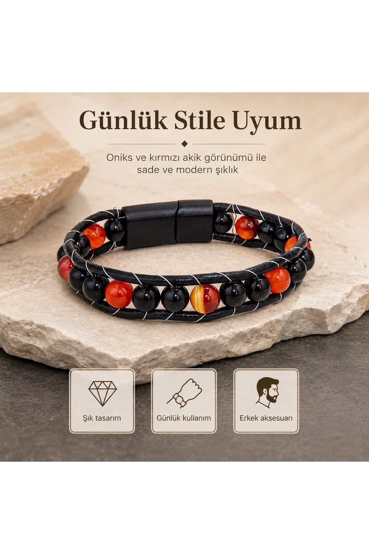 Premium Doğal Taş Tasarım Deri Bileklik Serisi – Gerçek Doğal Taş Kırmızı Akik ve Onix