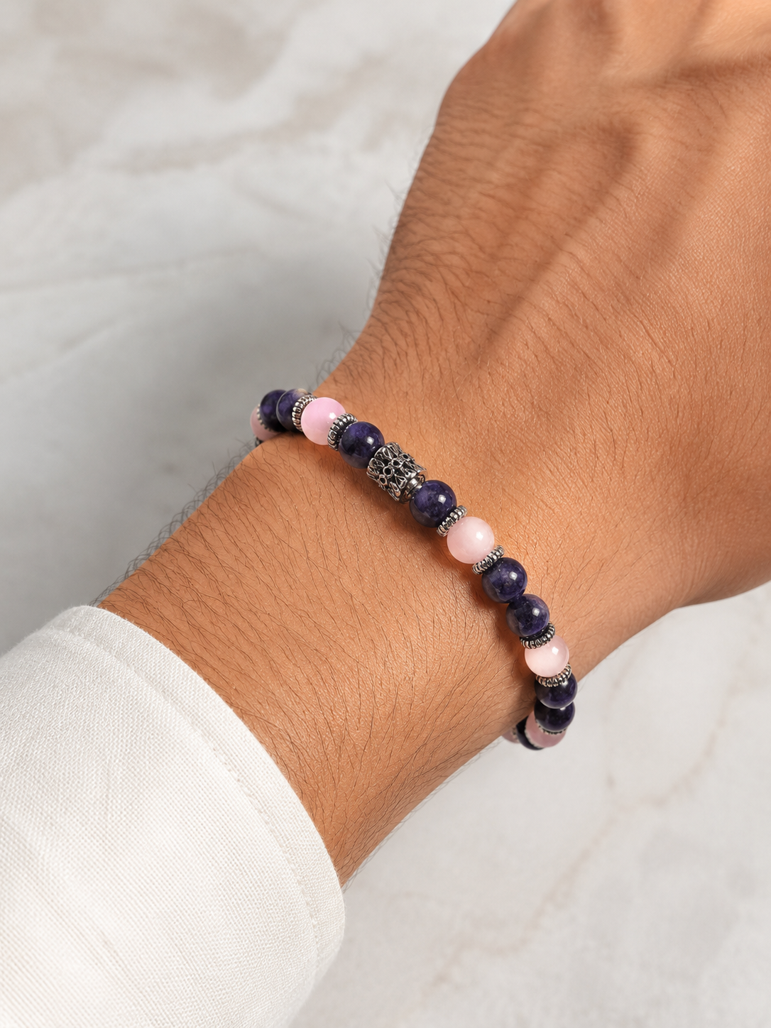 Orijinal Pembe Kuvars & Lapis Lazuli Doğal Taş Bileklik - 8 mm / 19 cm Esnek Misinalı