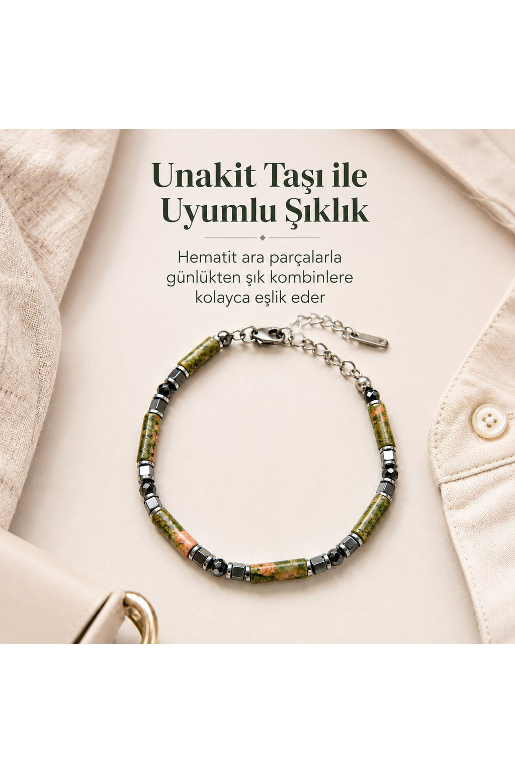 Premium Doğal Taş Tasarım Çelik Zincirli Bileklik Serisi – Zarafetin Doğal Enerjisi Unakit