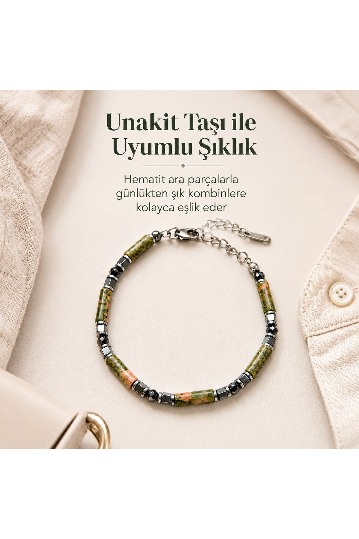 Premium Doğal Taş Tasarım Çelik Zincirli Bileklik Serisi – Zarafetin Doğal Enerjisi Unakit
