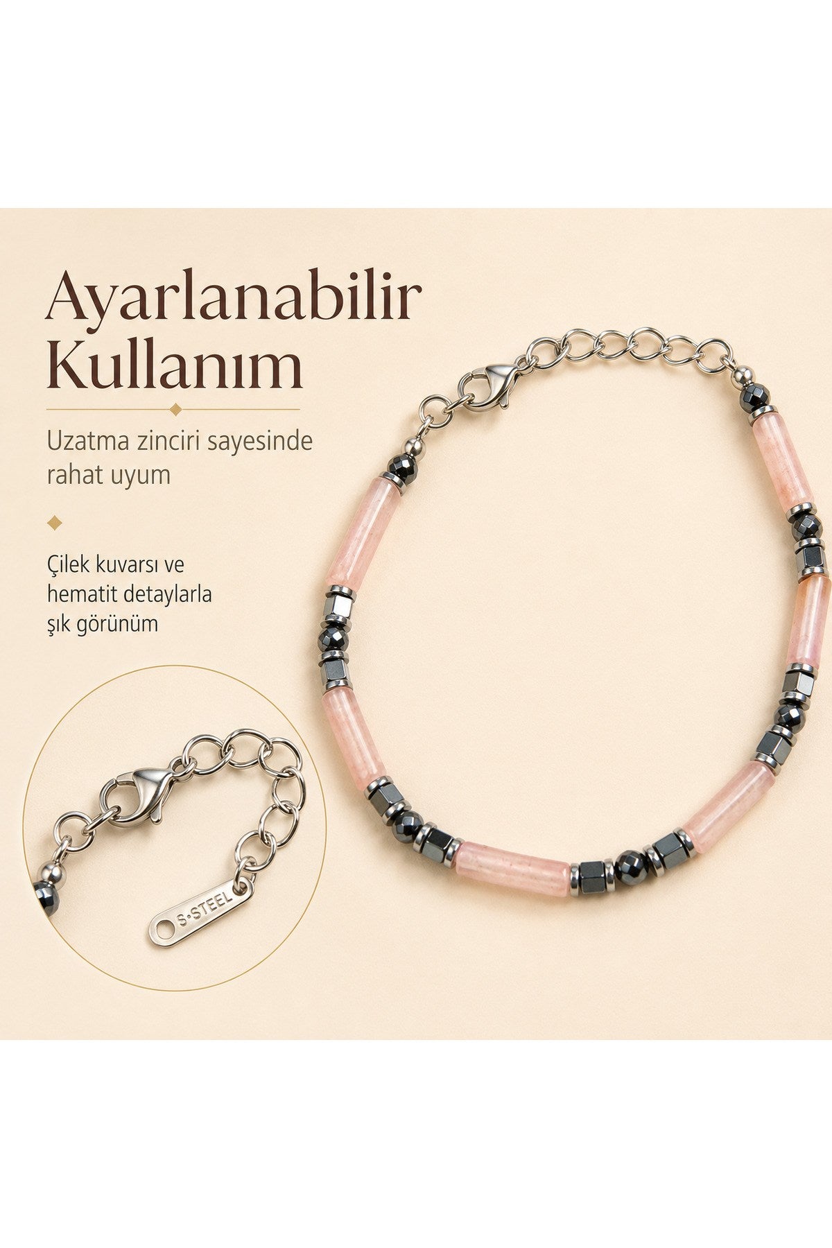 Premium Doğal Taş Tasarım Çelik Zincirli Bileklik Serisi – Zarafetin Doğal Enerjisi Çilek Kuvarsı