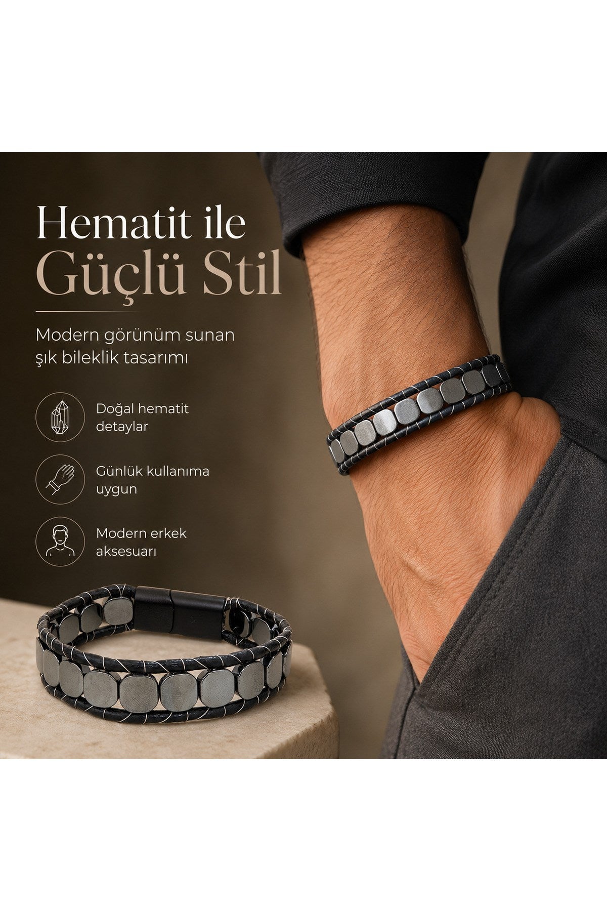 Premium Doğal Taş Tasarım Deri Bileklik Serisi – Gerçek Doğal Taş Hematit