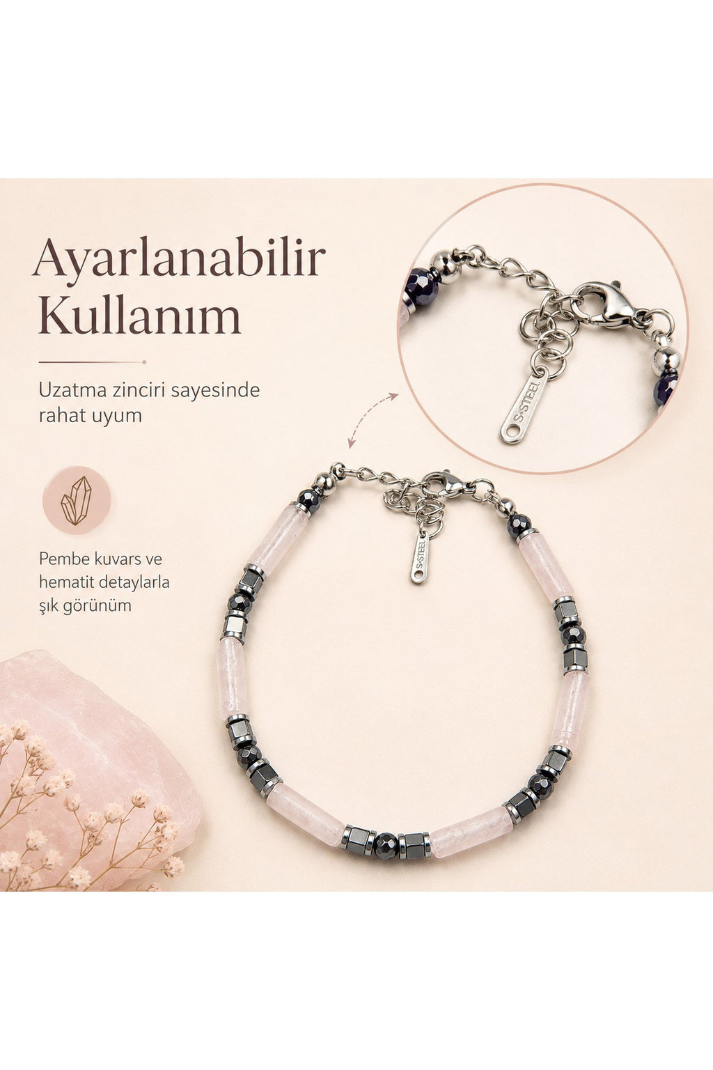 Premium Doğal Taş Tasarım Çelik Zincirli Bileklik Serisi – Zarafetin Doğal Enerjisi Pembe Kuvars