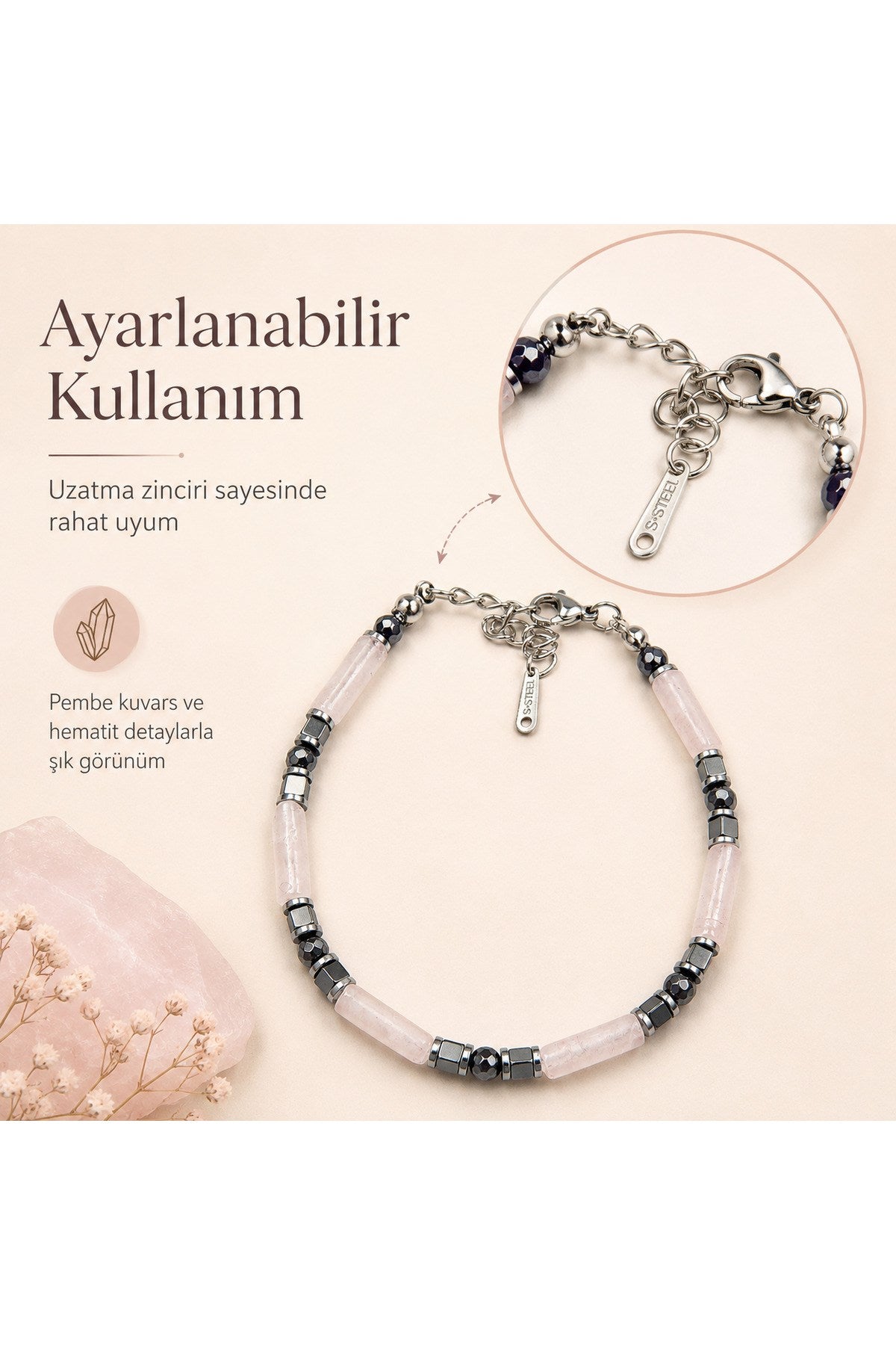 Premium Doğal Taş Tasarım Çelik Zincirli Bileklik Serisi – Zarafetin Doğal Enerjisi Pembe Kuvars