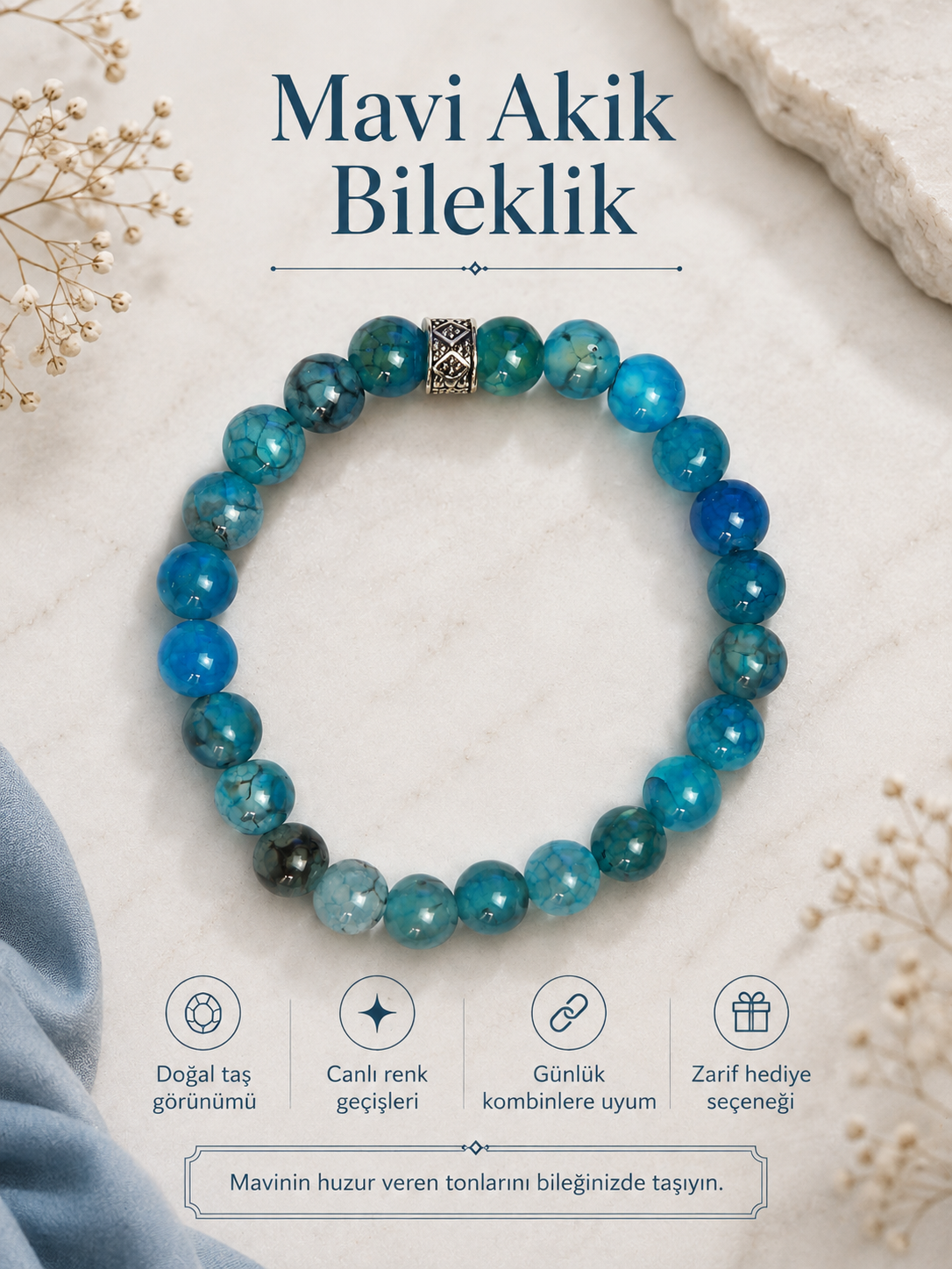 Orijinal Mavi Damarlı Akik (Çatlak Akik) Doğal Taş Bileklik - 8 mm / 19 cm Esnek Misinalı