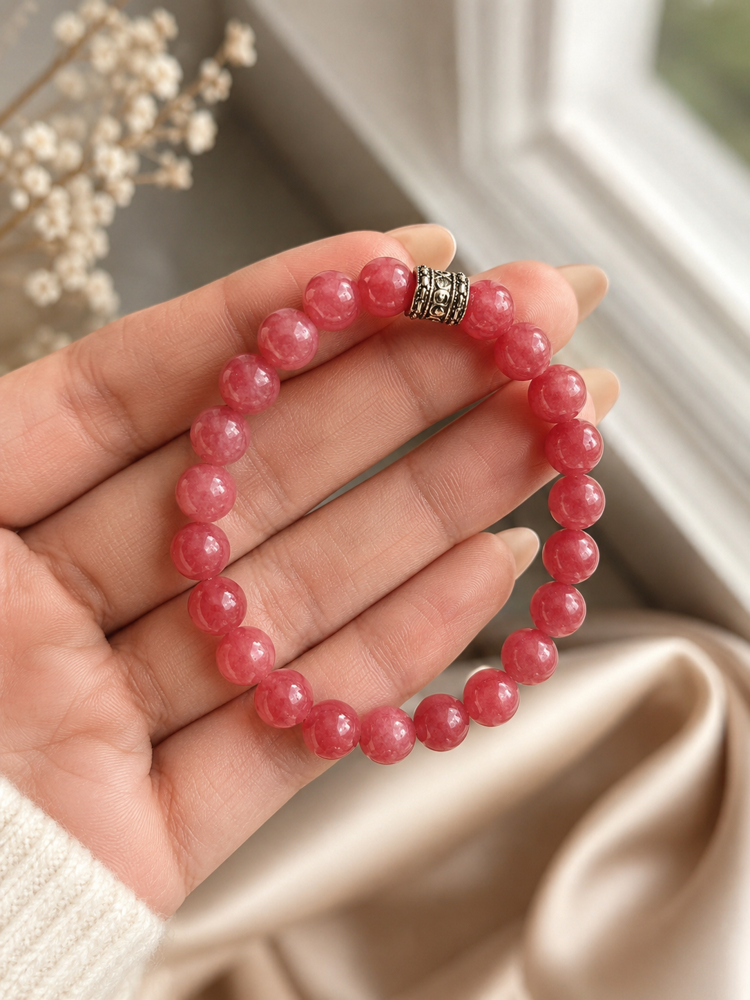Orijinal Çilek Kuvars Doğal Taş Bileklik - 8 mm / 19 cm Esnek Misinalı