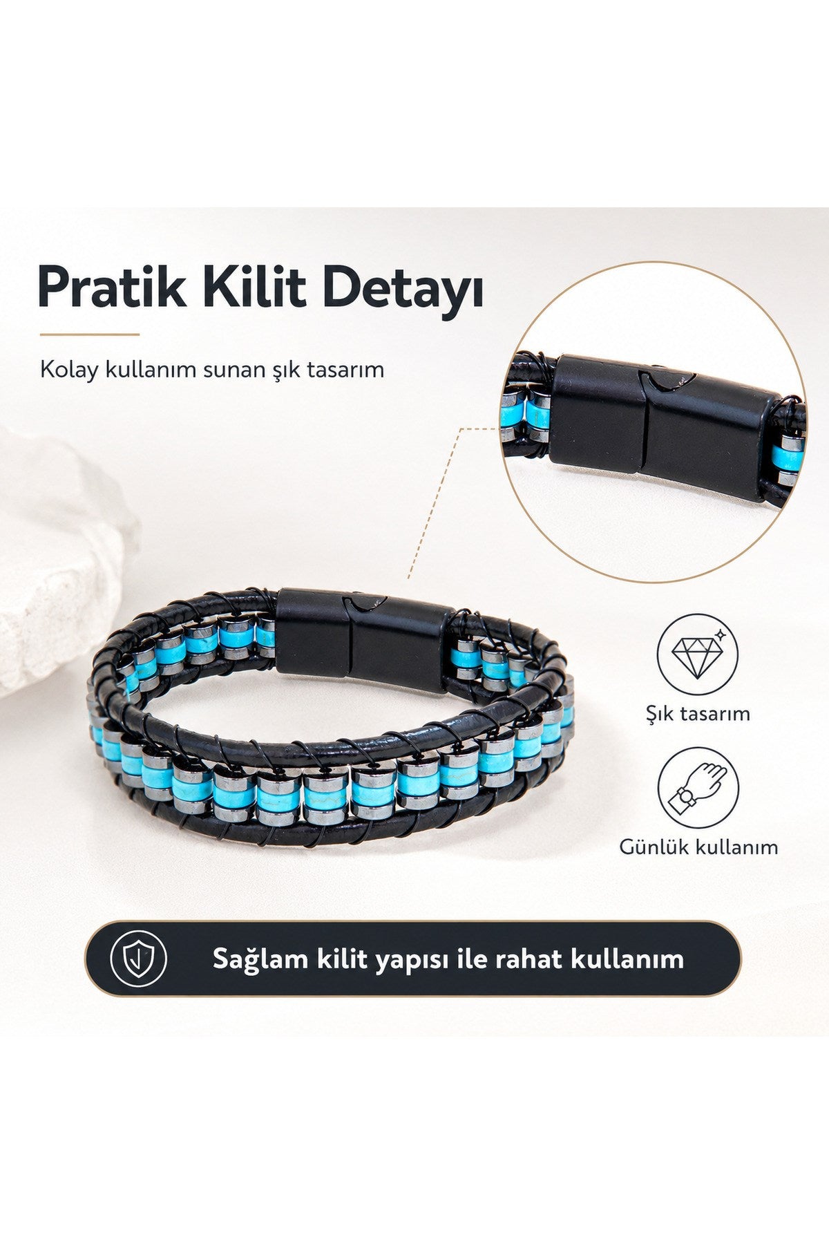Premium Doğal Taş Tasarım Deri Bileklik Serisi – Gerçek Doğal Taş Firuze