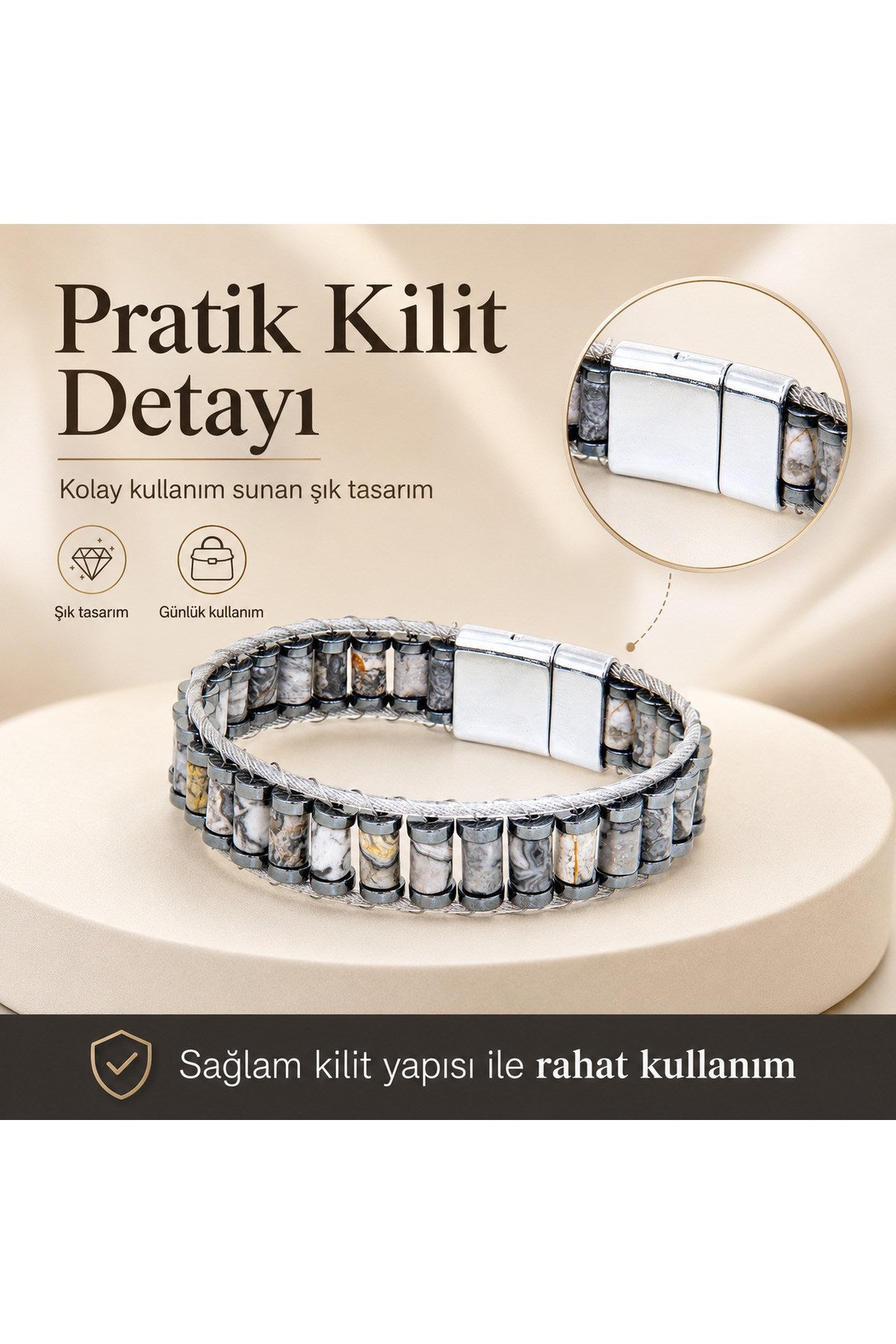 El Yapımı Orijinal Doğaltaş Çelik Erkek Bileklik - Beyaz Jasper Özel Tasarım Erkeğe Hediye (21.5 cm)