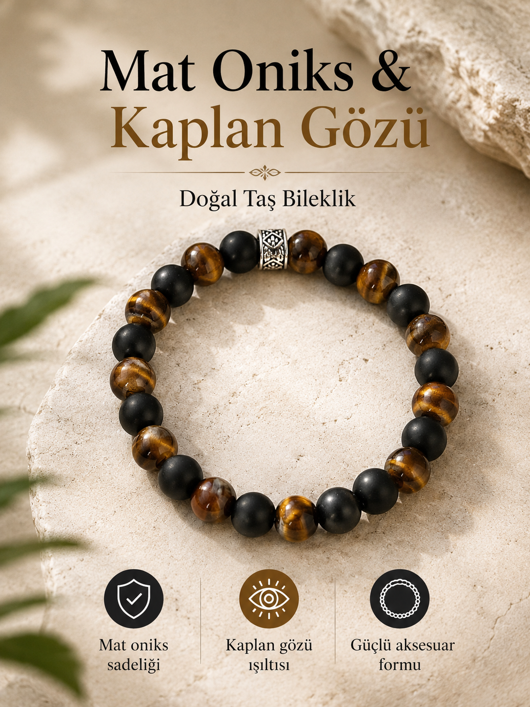 Orijinal Mat Oniks & Kaplan Gözü Doğal Taş Bileklik - 8 mm / 19 cm Esnek Misinalı