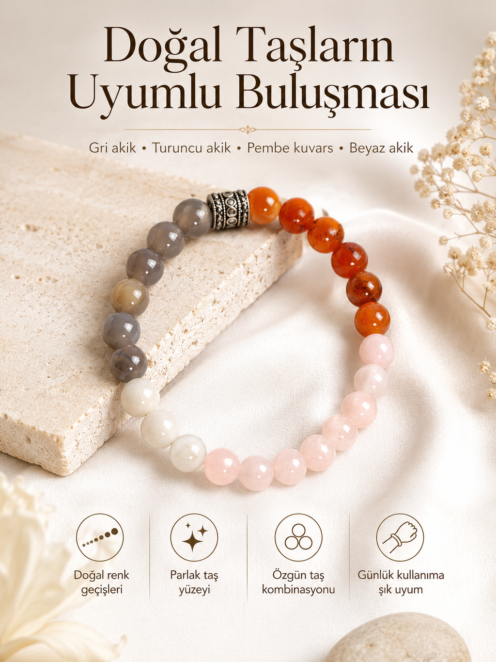 Orijinal Çoklu Doğal Taş Bileklik (Karnelyan, Pembe Kuvars, Akik) - 8 mm / 19 cm Esnek Misinalı