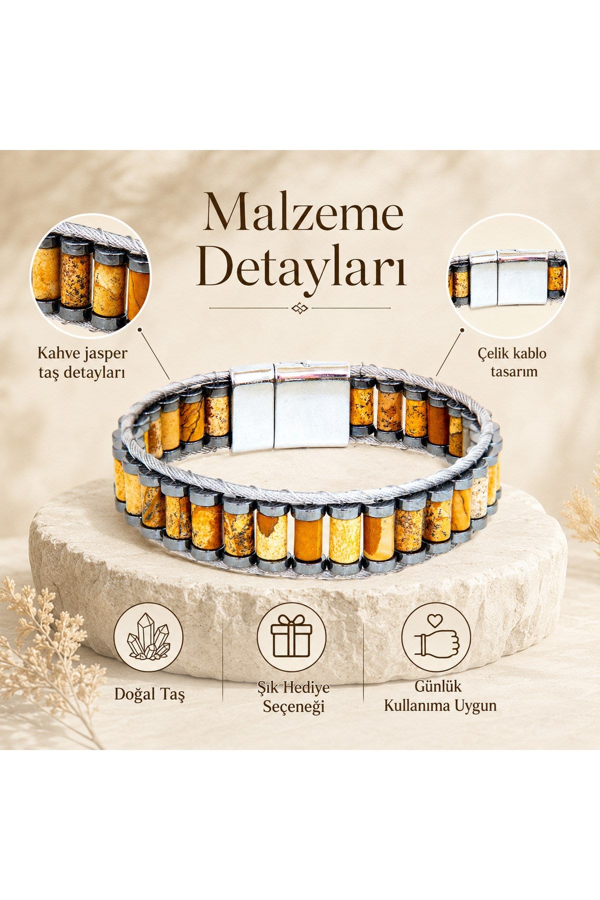 El Yapımı Orijinal Doğaltaş Çelik Erkek Bileklik - Kahve Jasper Özel Tasarım Erkeğe Hediye (21.5 cm)
