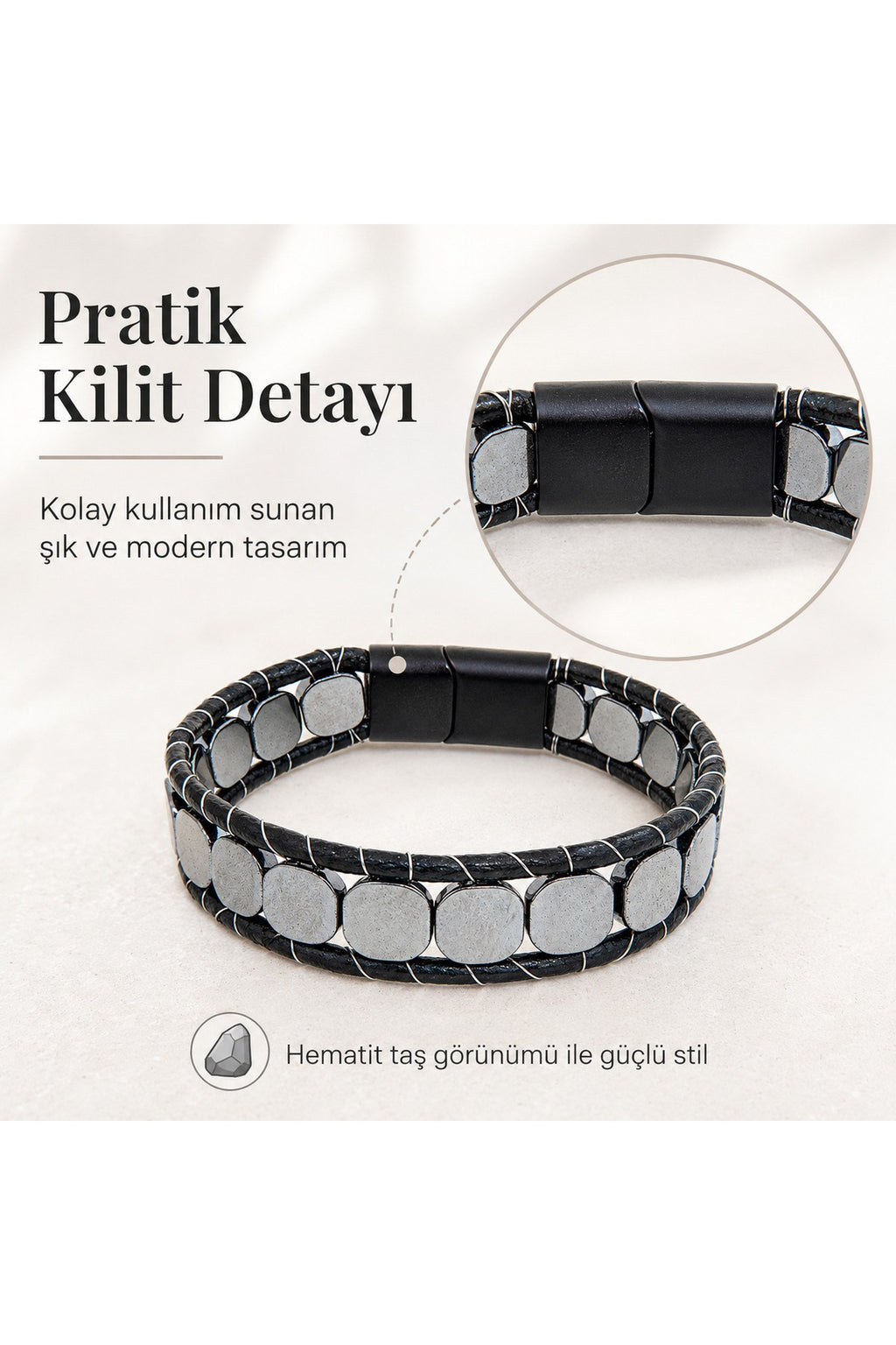 Premium Doğal Taş Tasarım Deri Bileklik Serisi – Gerçek Doğal Taş Hematit