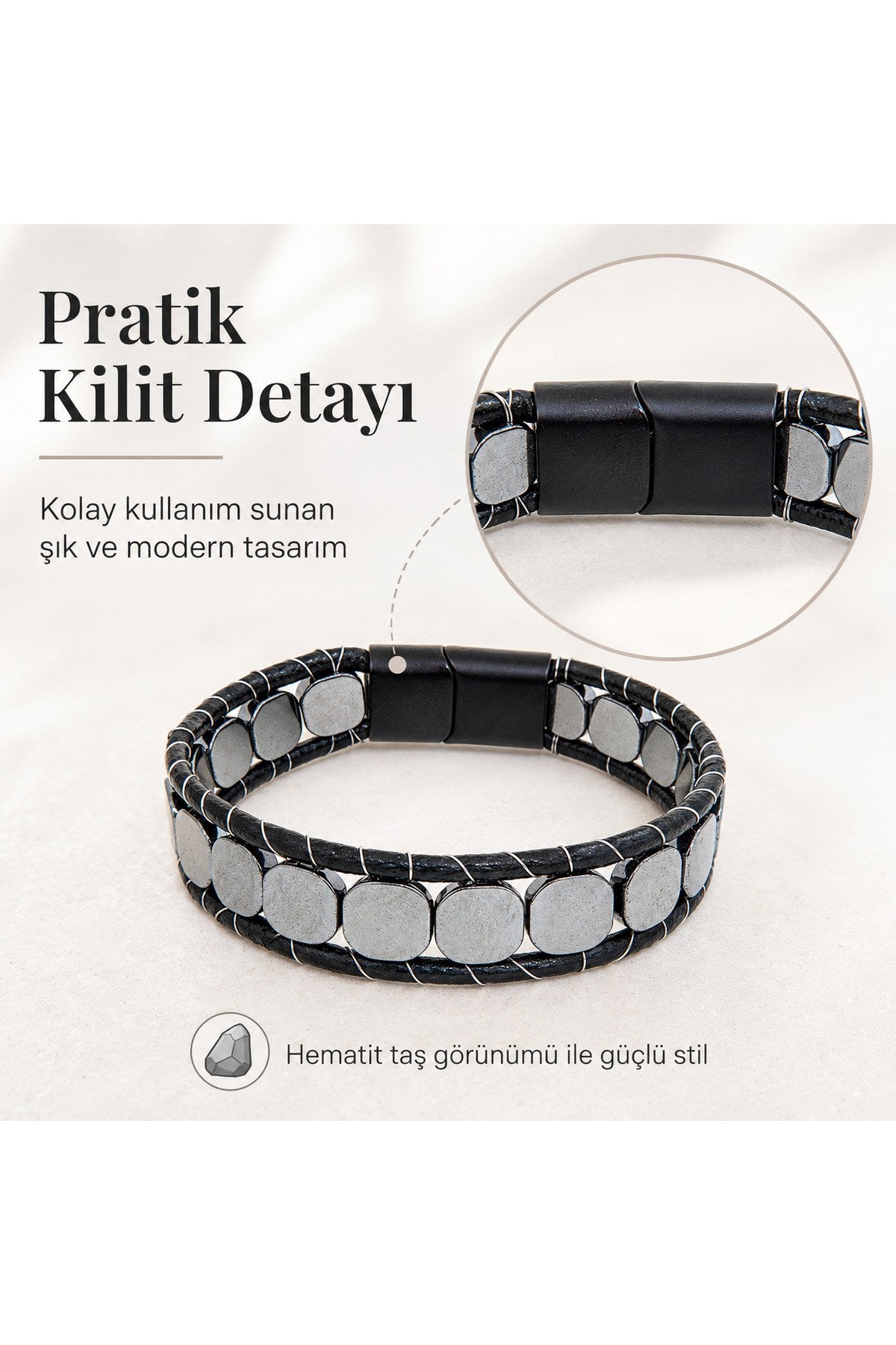 Premium Doğal Taş Tasarım Deri Bileklik Serisi – Gerçek Doğal Taş Hematit