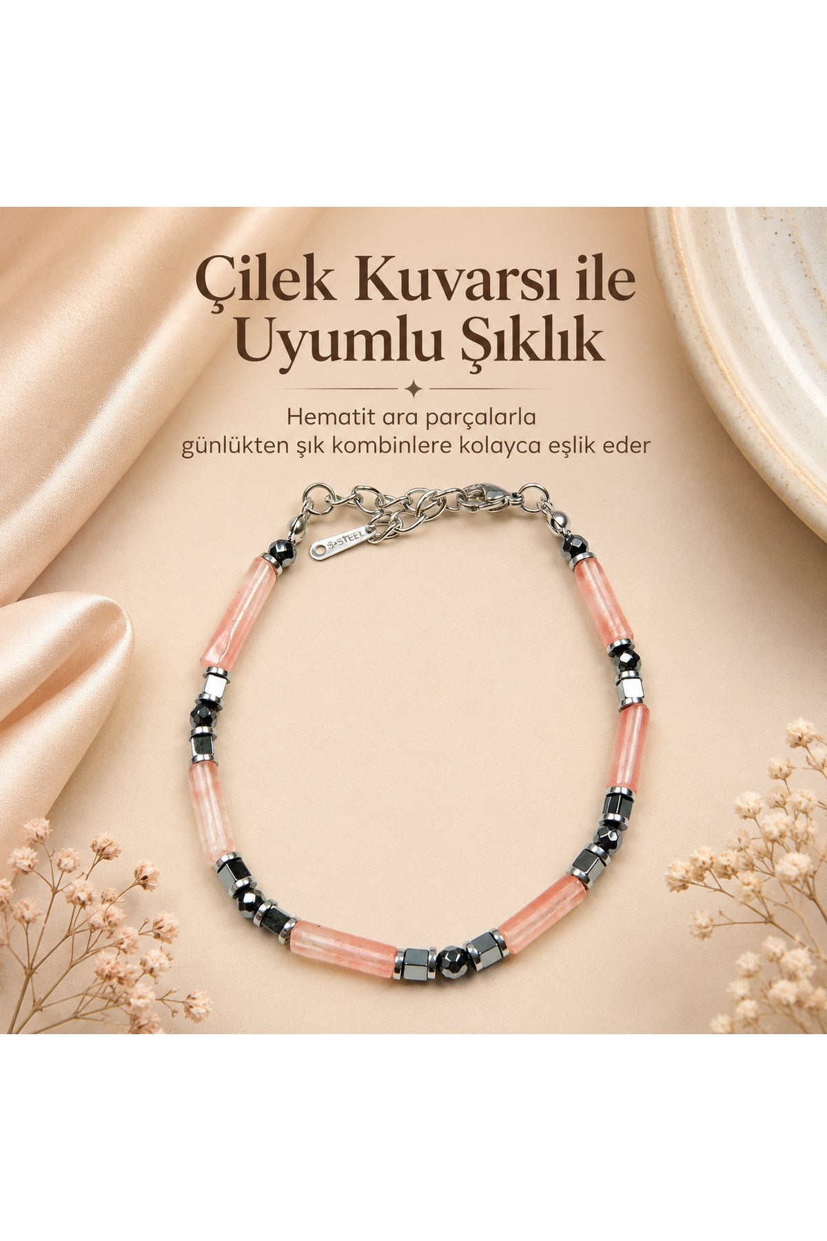 Premium Doğal Taş Tasarım Çelik Zincirli Bileklik Serisi – Zarafetin Doğal Enerjisi Çilek Kuvarsı