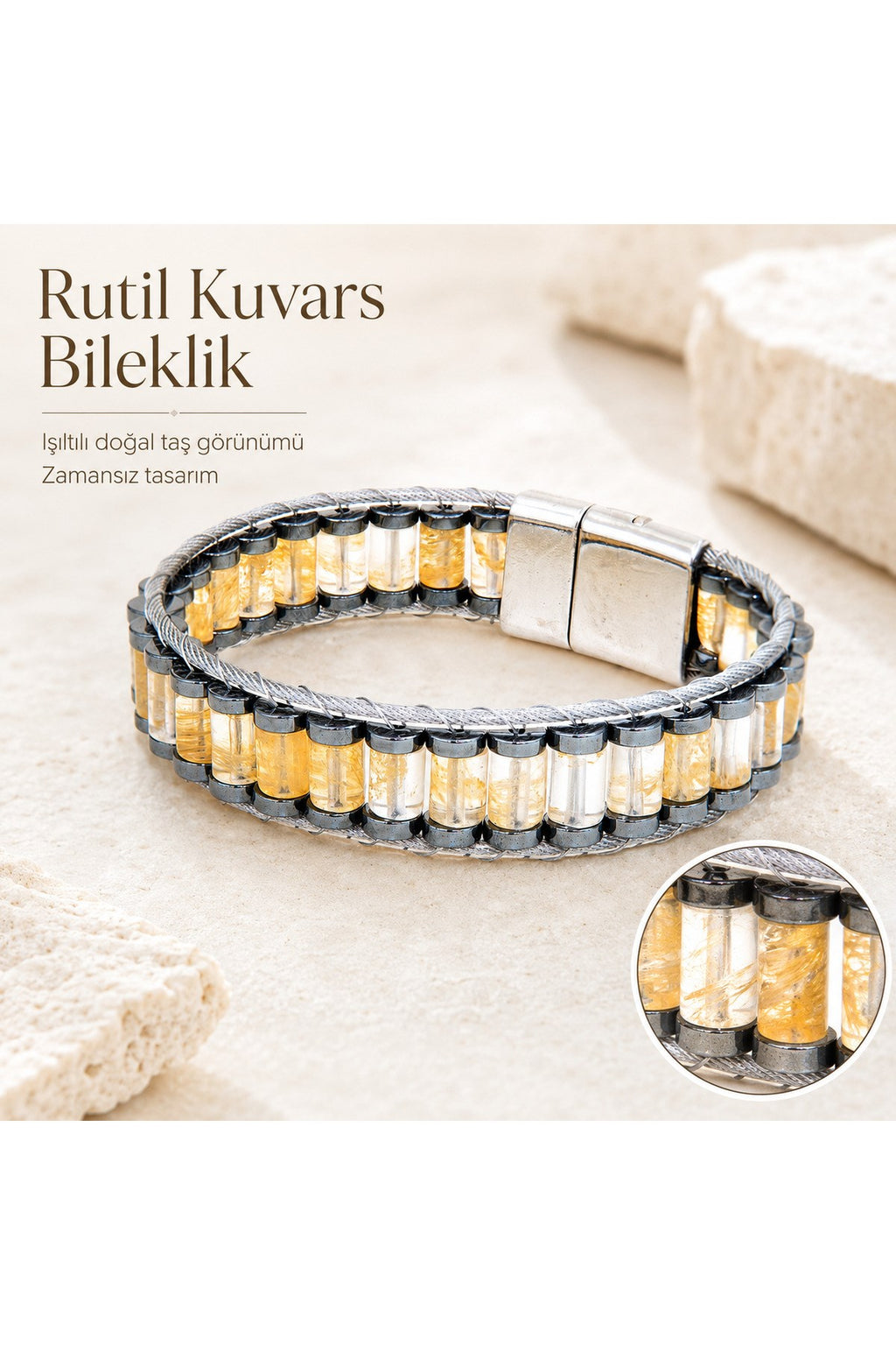 El Yapımı Orijinal Doğaltaş Çelik Erkek Bileklik - Rutil Kuvars Özel Tasarım Erkeğe Hediye (21.5 cm)