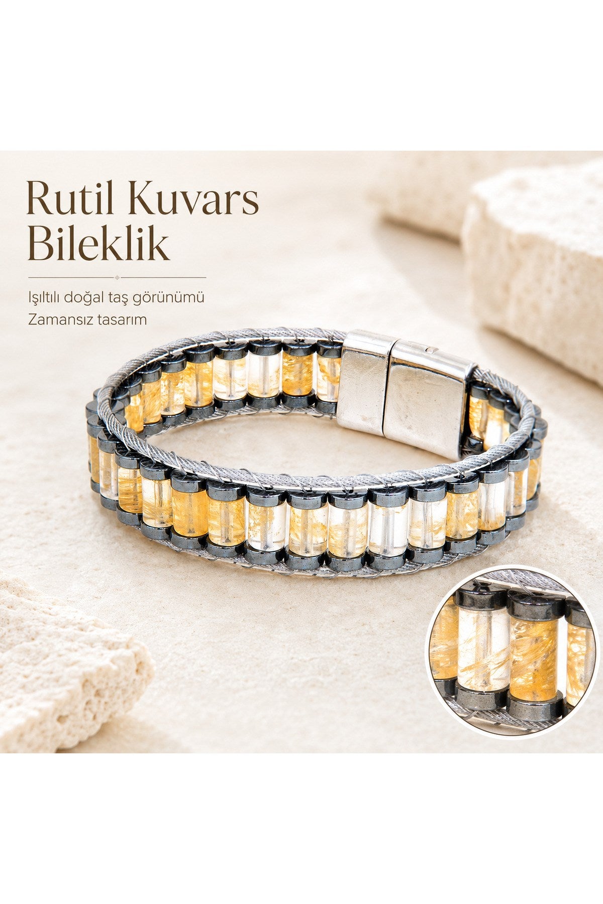 El Yapımı Orijinal Doğaltaş Çelik Erkek Bileklik - Rutil Kuvars Özel Tasarım Erkeğe Hediye (21.5 cm)