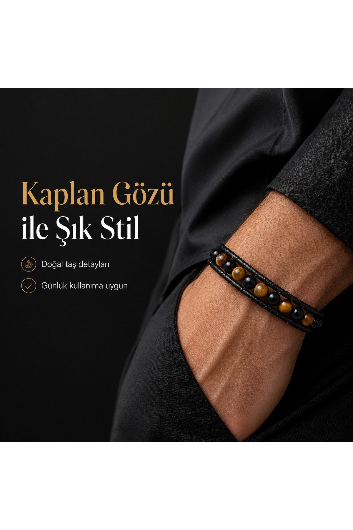 Premium Doğal Taş Tasarım Deri Bileklik Serisi – Gerçek Doğal Taş Kaplan Gözü Ve Onix