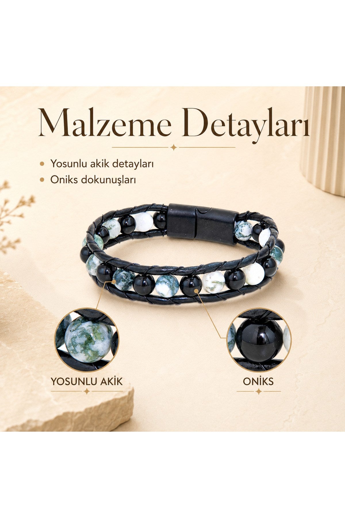 Premium Doğal Taş Tasarım Deri Bileklik Serisi – Gerçek Doğal Taş Yosunlu Akik