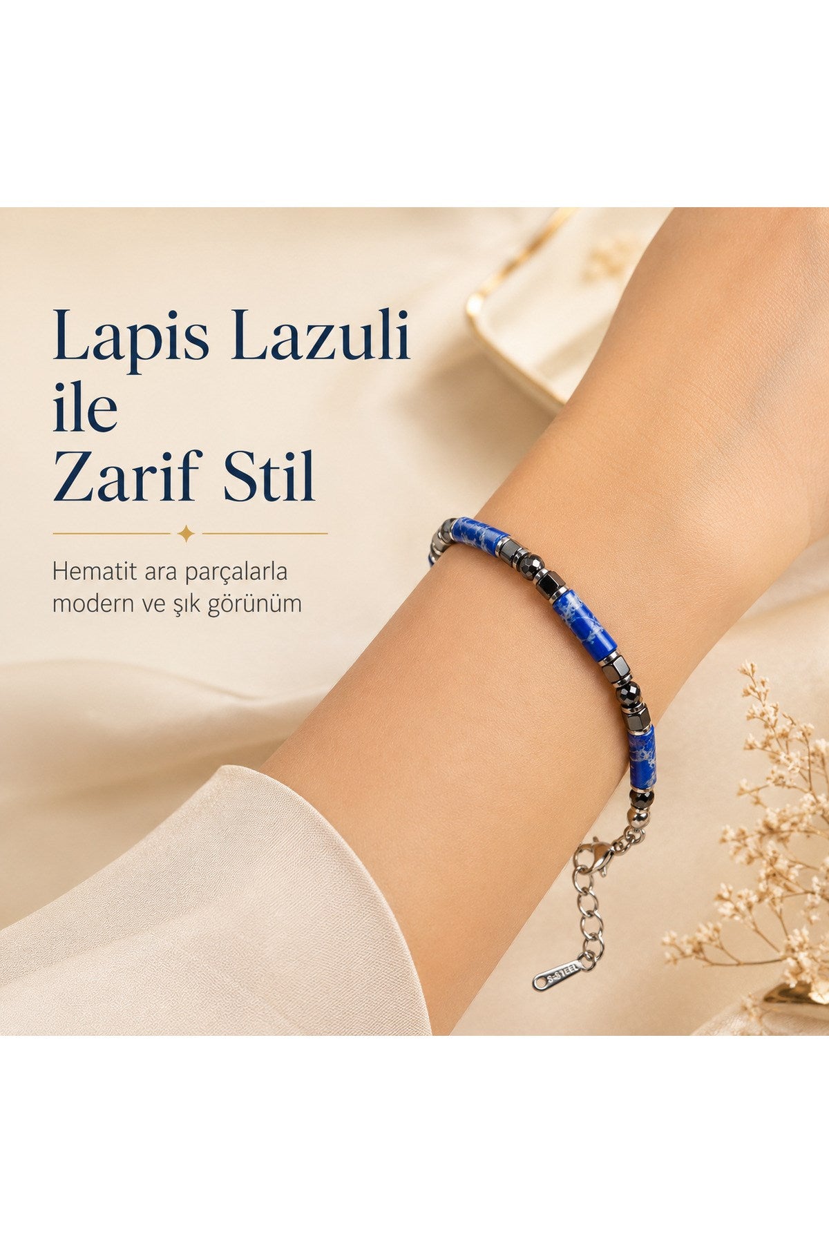 Premium Doğal Taş Tasarım Çelik Zincirli Bileklik Serisi – Zarafetin Doğal Enerjisi Lapis Lazuli
