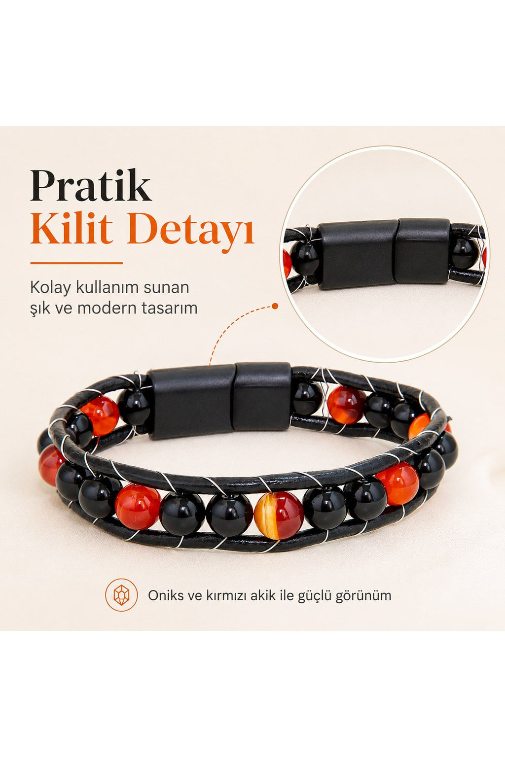 Premium Doğal Taş Tasarım Deri Bileklik Serisi – Gerçek Doğal Taş Kırmızı Akik ve Onix