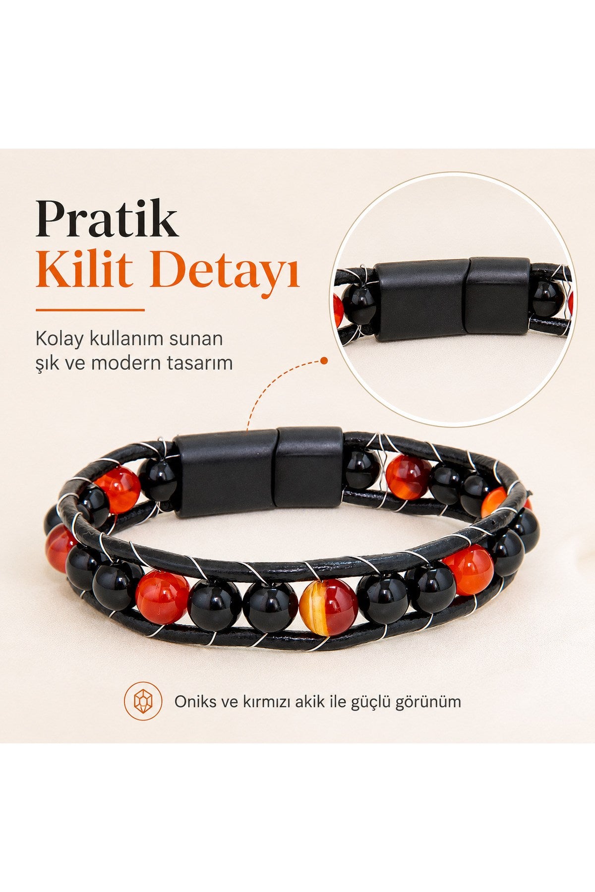 Premium Doğal Taş Tasarım Deri Bileklik Serisi – Gerçek Doğal Taş Kırmızı Akik ve Onix
