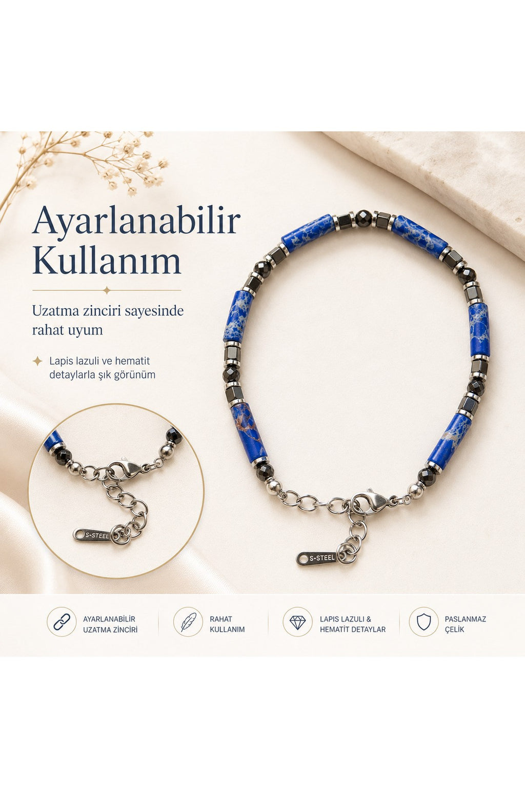 Premium Doğal Taş Tasarım Çelik Zincirli Bileklik Serisi – Zarafetin Doğal Enerjisi Lapis Lazuli