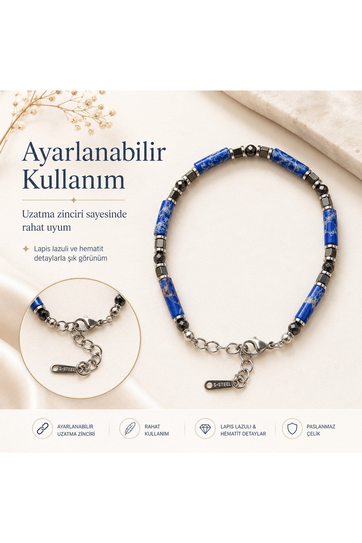 Premium Doğal Taş Tasarım Çelik Zincirli Bileklik Serisi – Zarafetin Doğal Enerjisi Lapis Lazuli