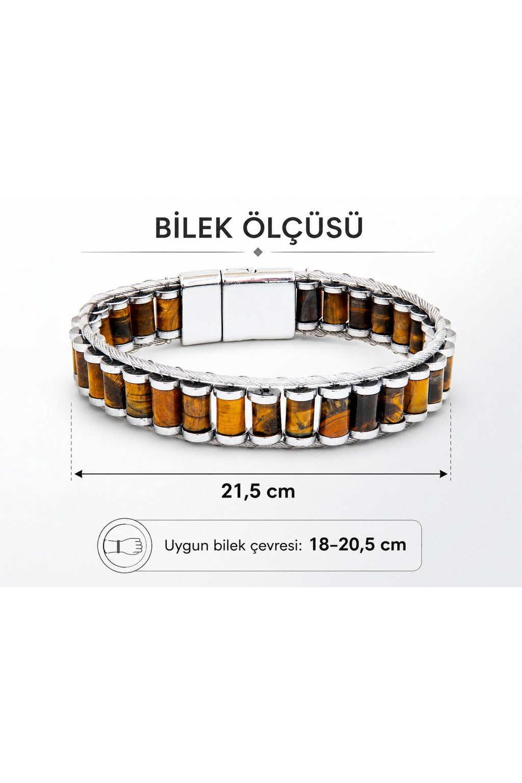 El Yapımı Orijinal Doğaltaş Çelik Erkek Bileklik - Sertifikalı Özel Tasarım Erkeğe Hediye (21.5 cm)