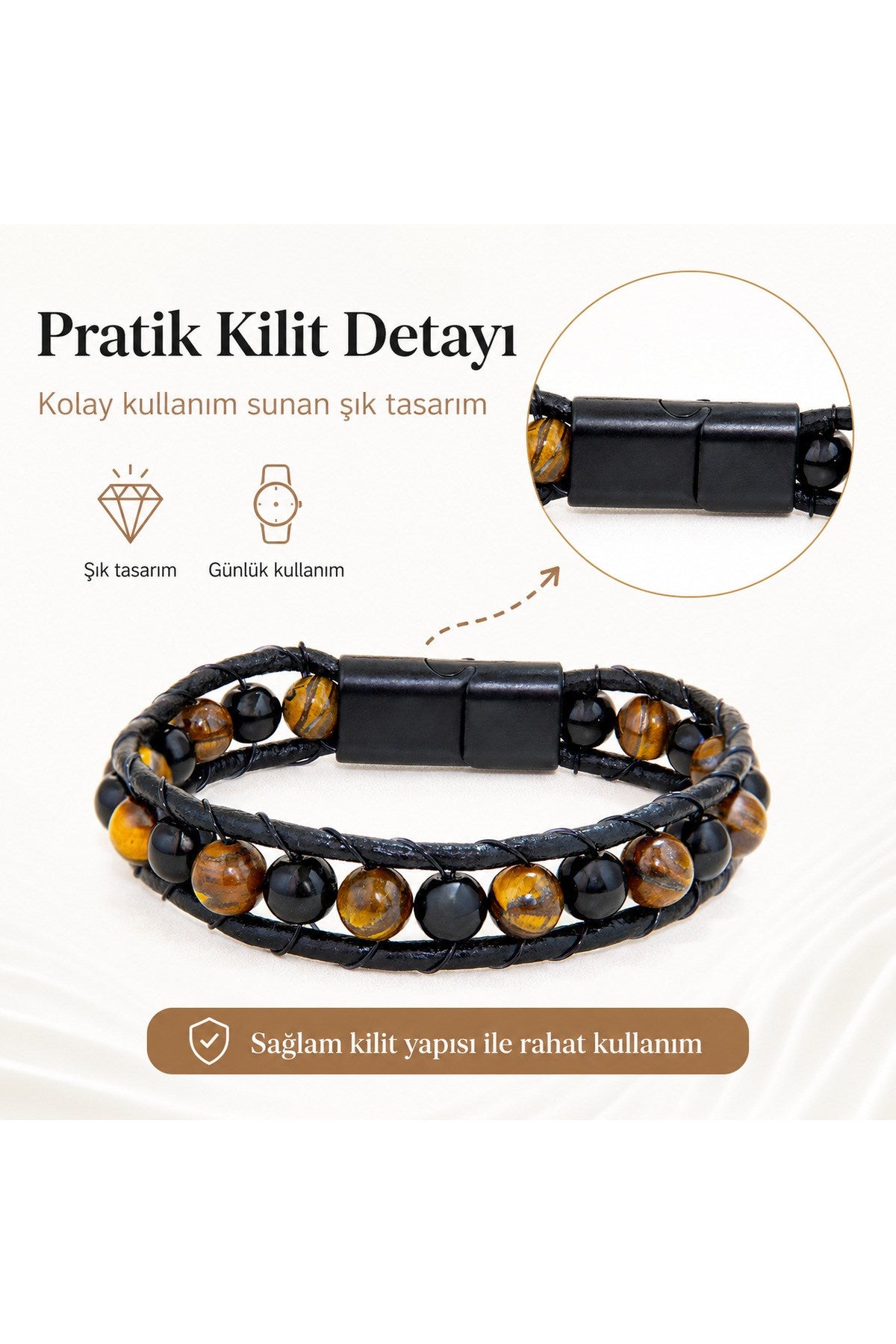 Premium Doğal Taş Tasarım Deri Bileklik Serisi – Gerçek Doğal Taş Kaplan Gözü Ve Onix