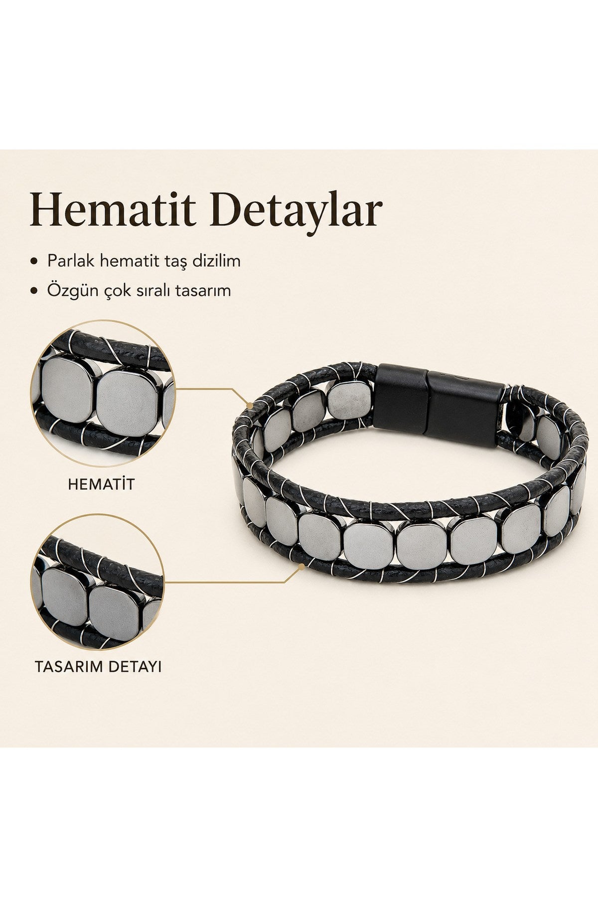 Premium Doğal Taş Tasarım Deri Bileklik Serisi – Gerçek Doğal Taş Hematit
