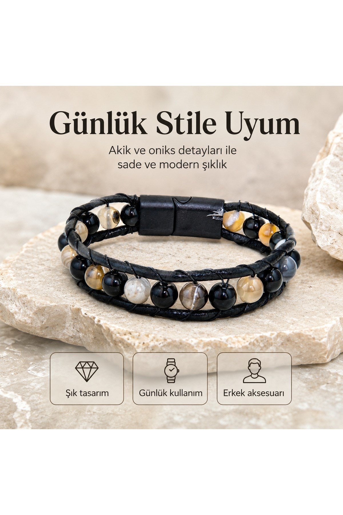 Premium Doğal Taş Tasarım Deri Bileklik Serisi – Gerçek Doğal Taş Akik