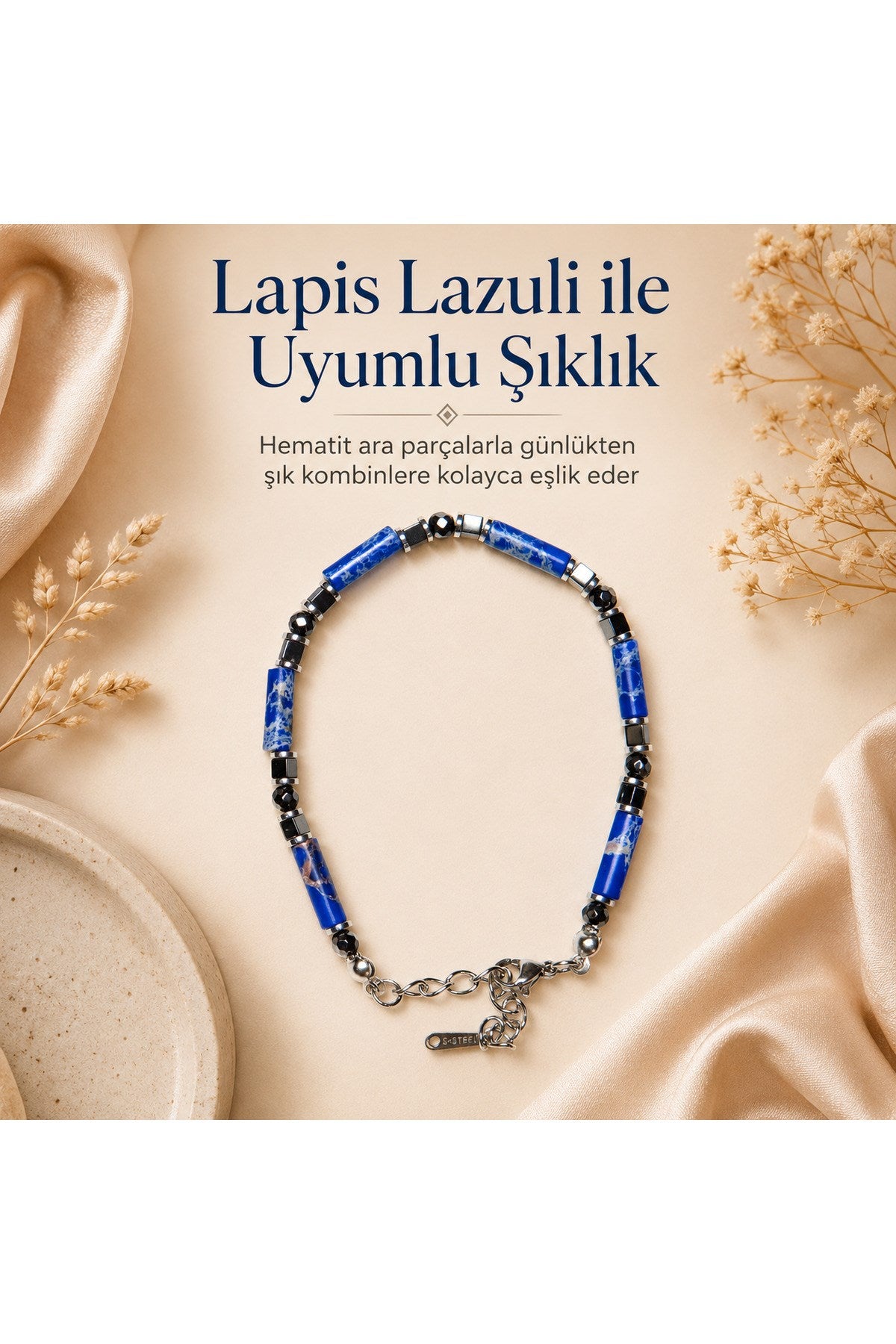 Premium Doğal Taş Tasarım Çelik Zincirli Bileklik Serisi – Zarafetin Doğal Enerjisi Lapis Lazuli