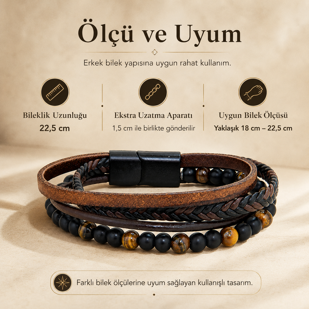 Erkek Kaplan Gözü, Oniks Taş ve Gerçek Deri Erkek Bileklik