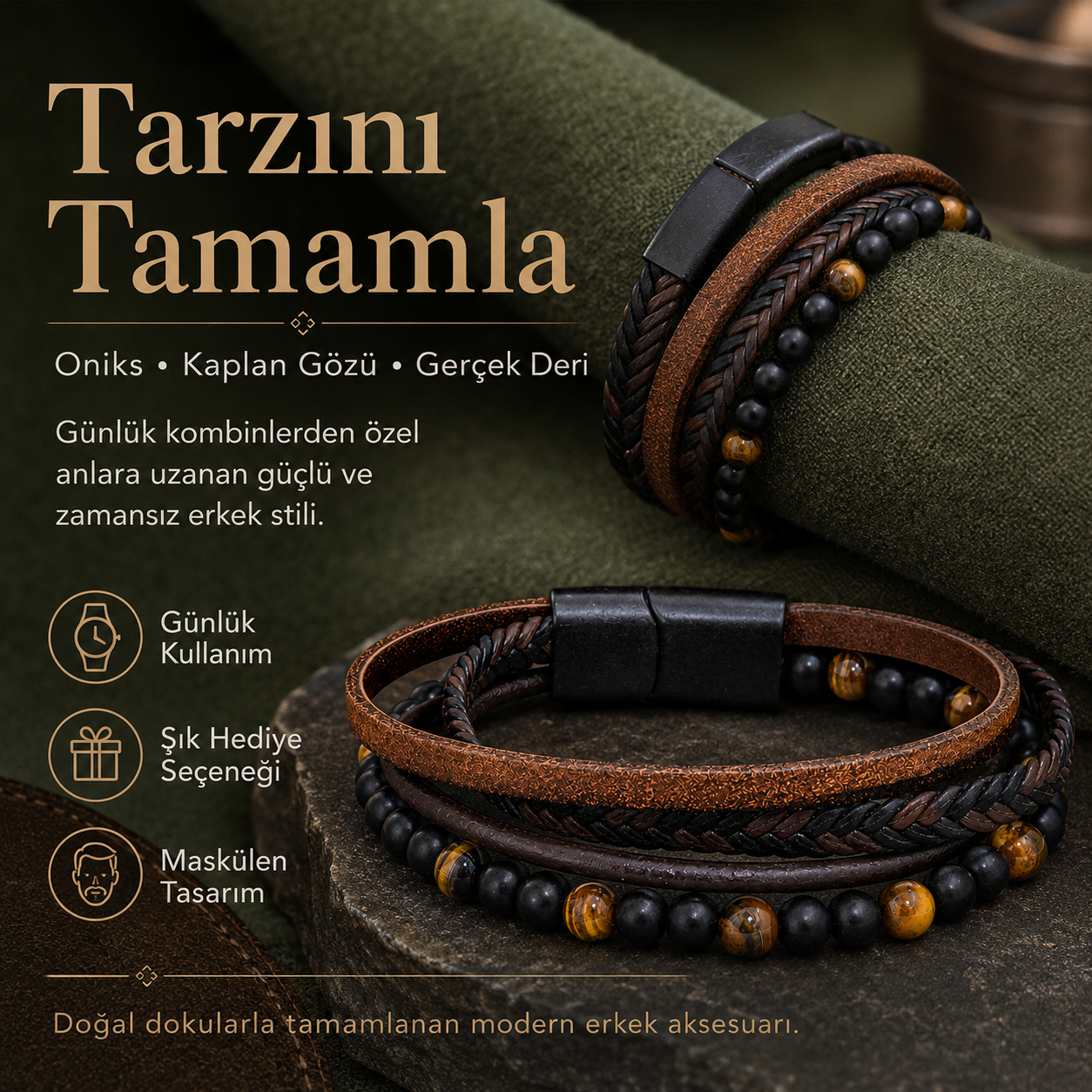 Erkek Kaplan Gözü, Oniks Taş ve Gerçek Deri Erkek Bileklik