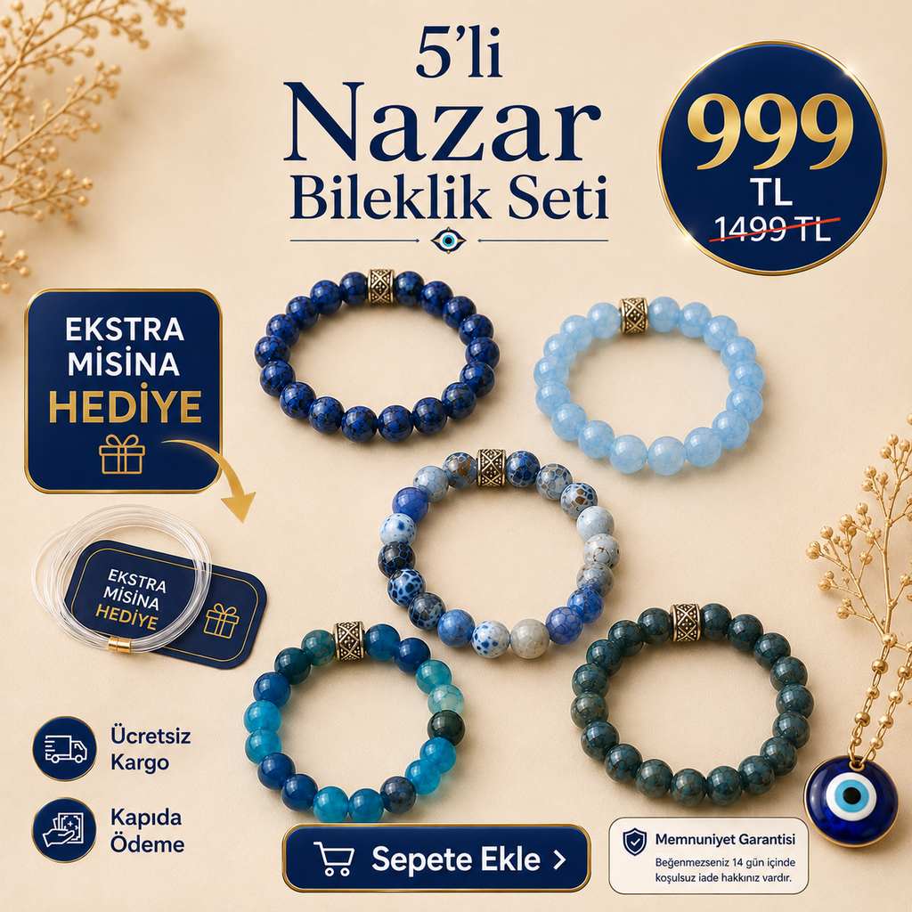 5’li Mavi Nazar Bileklik Seti – Tek Set, 5 Farklı Stil — 1499 TL Yerine 999 TL