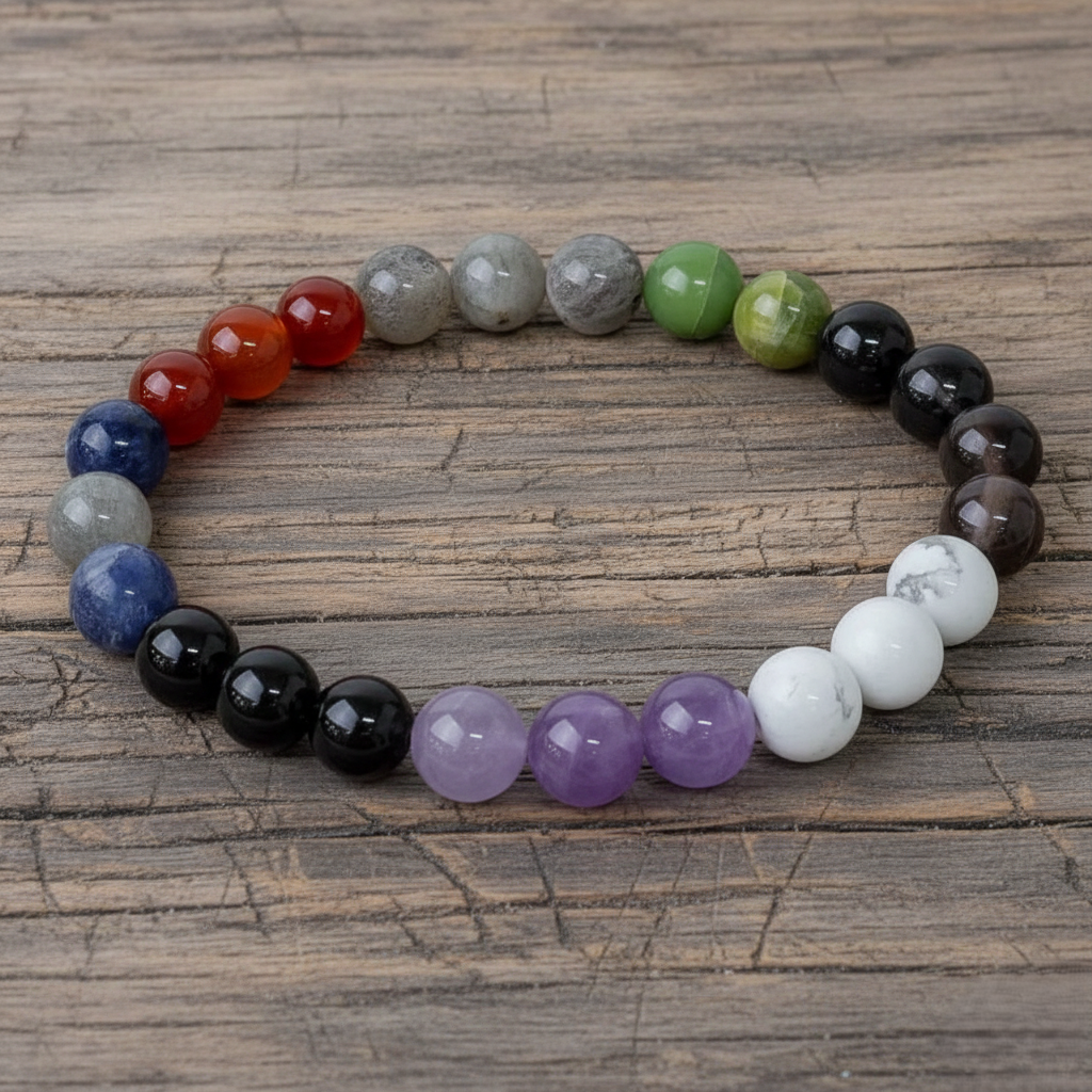 Çakra ve Manifest Bilekliği Yeşim, Oniks, Havlit, Lapis Lazuli, Kırmızı Akik, Labradorit