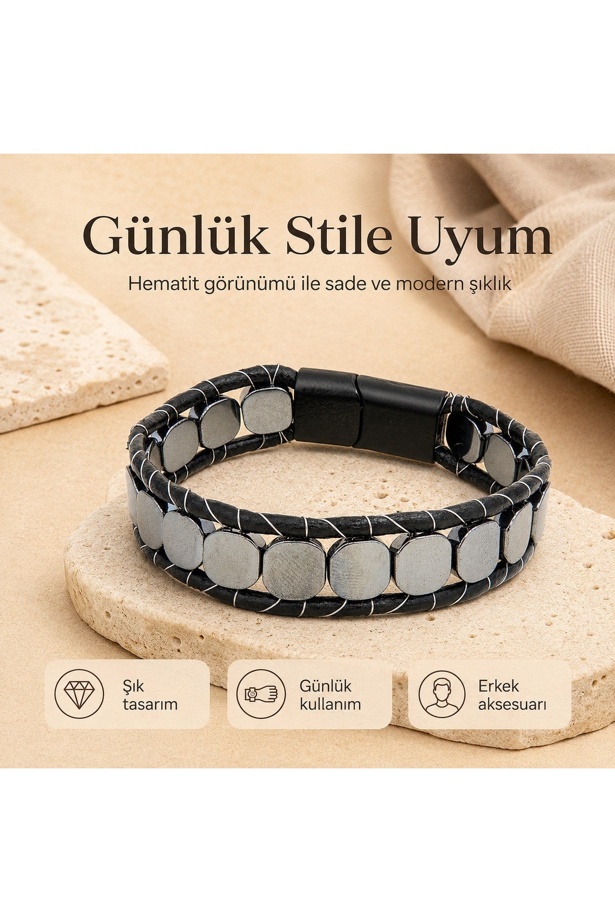 Premium Doğal Taş Tasarım Deri Bileklik Serisi – Gerçek Doğal Taş Hematit