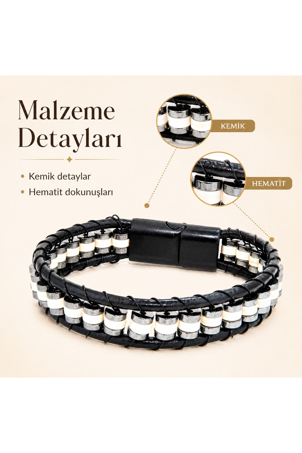 Premium Doğal Taş Tasarım Deri Bileklik Serisi – Gerçek Doğal Taş kemik ve hematit