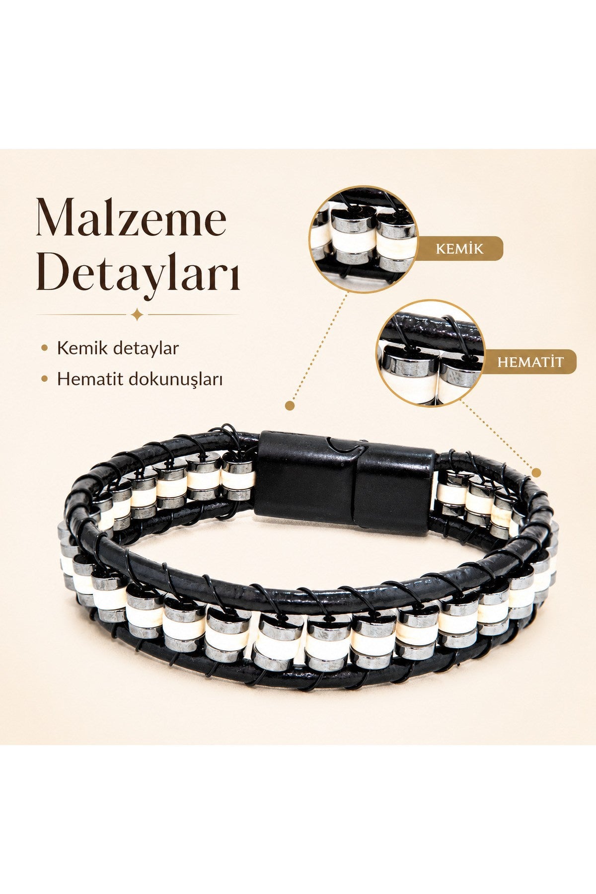 Premium Doğal Taş Tasarım Deri Bileklik Serisi – Gerçek Doğal Taş kemik ve hematit