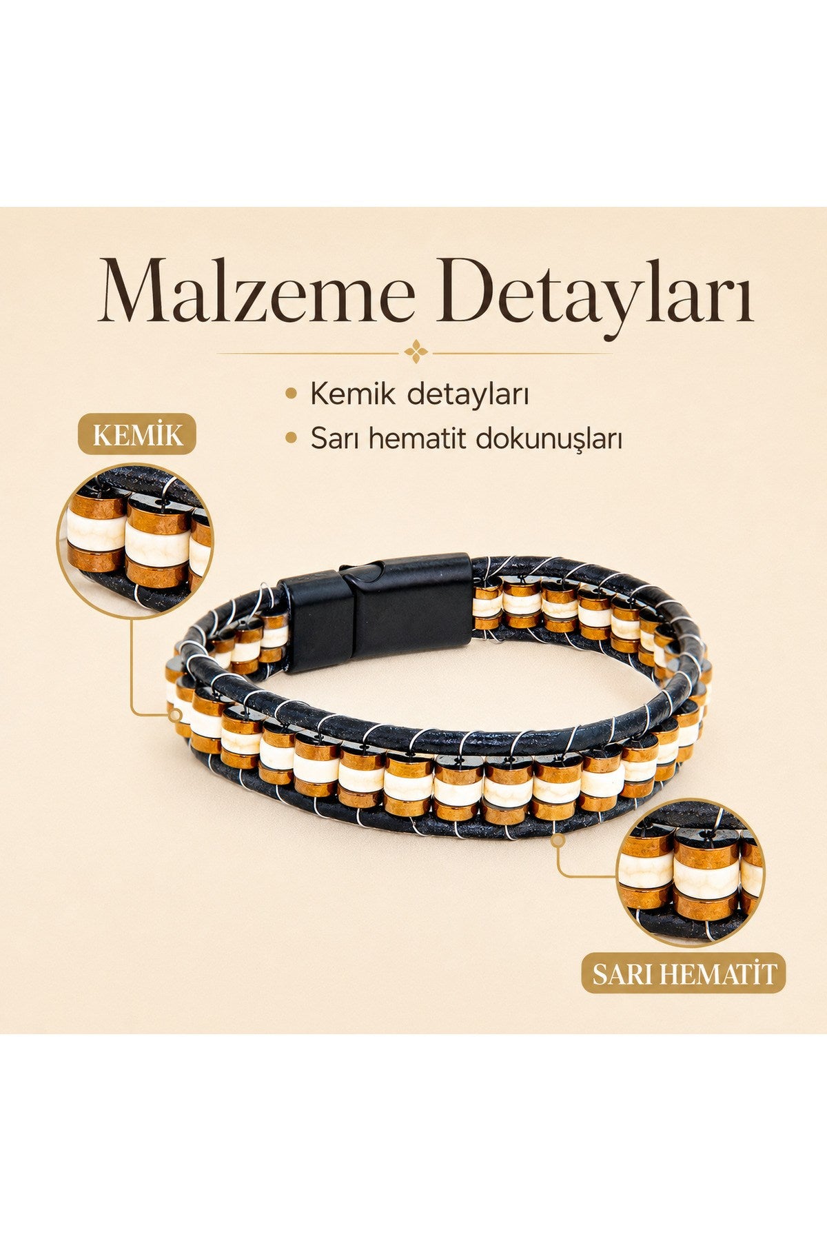Premium Doğal Taş Tasarım Deri Bileklik Serisi – Gerçek Doğal Taş Kemik