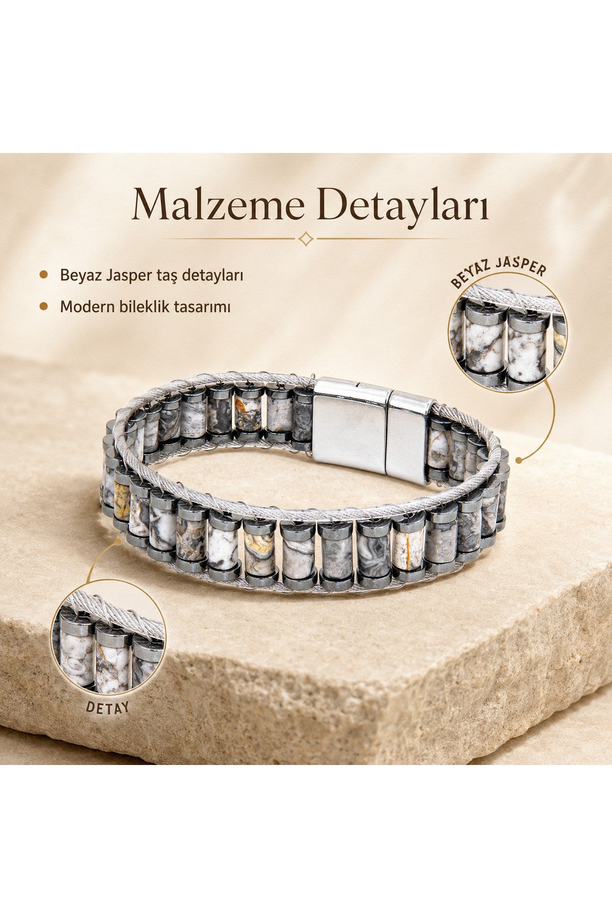 El Yapımı Orijinal Doğaltaş Çelik Erkek Bileklik - Beyaz Jasper Özel Tasarım Erkeğe Hediye (21.5 cm)