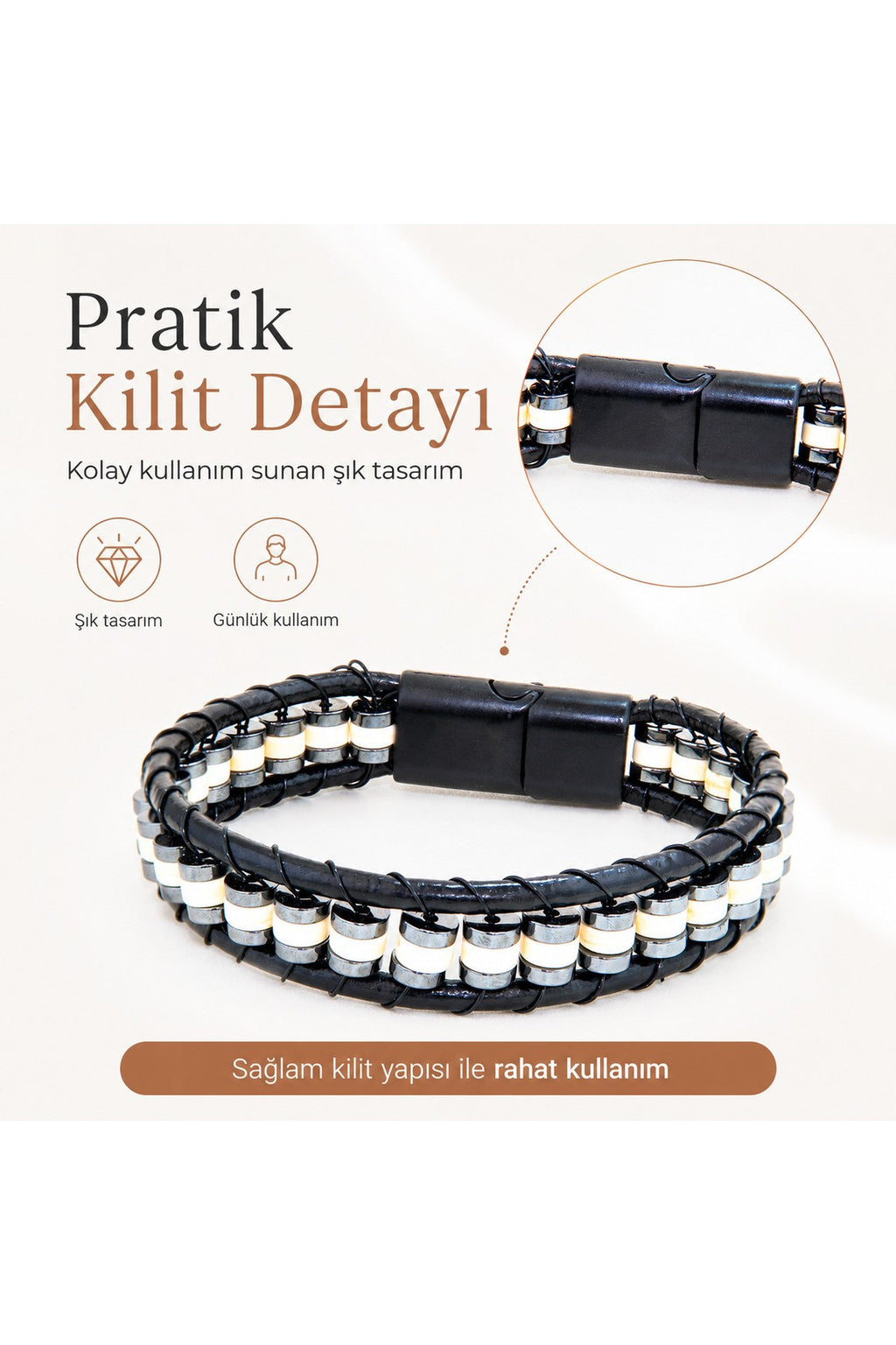 Premium Doğal Taş Tasarım Deri Bileklik Serisi – Gerçek Doğal Taş kemik ve hematit